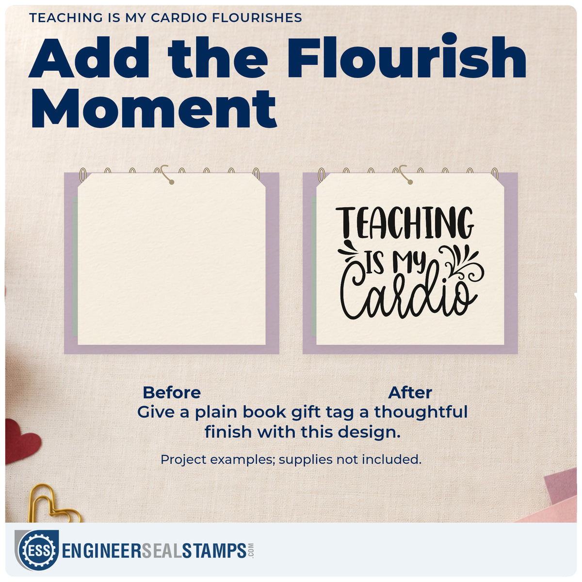Before and after of a plain item finished with the Teaching Is My Cardio Flourishes PSI Pre-Inked Stamp, a quick upgrade for entry pack seals.