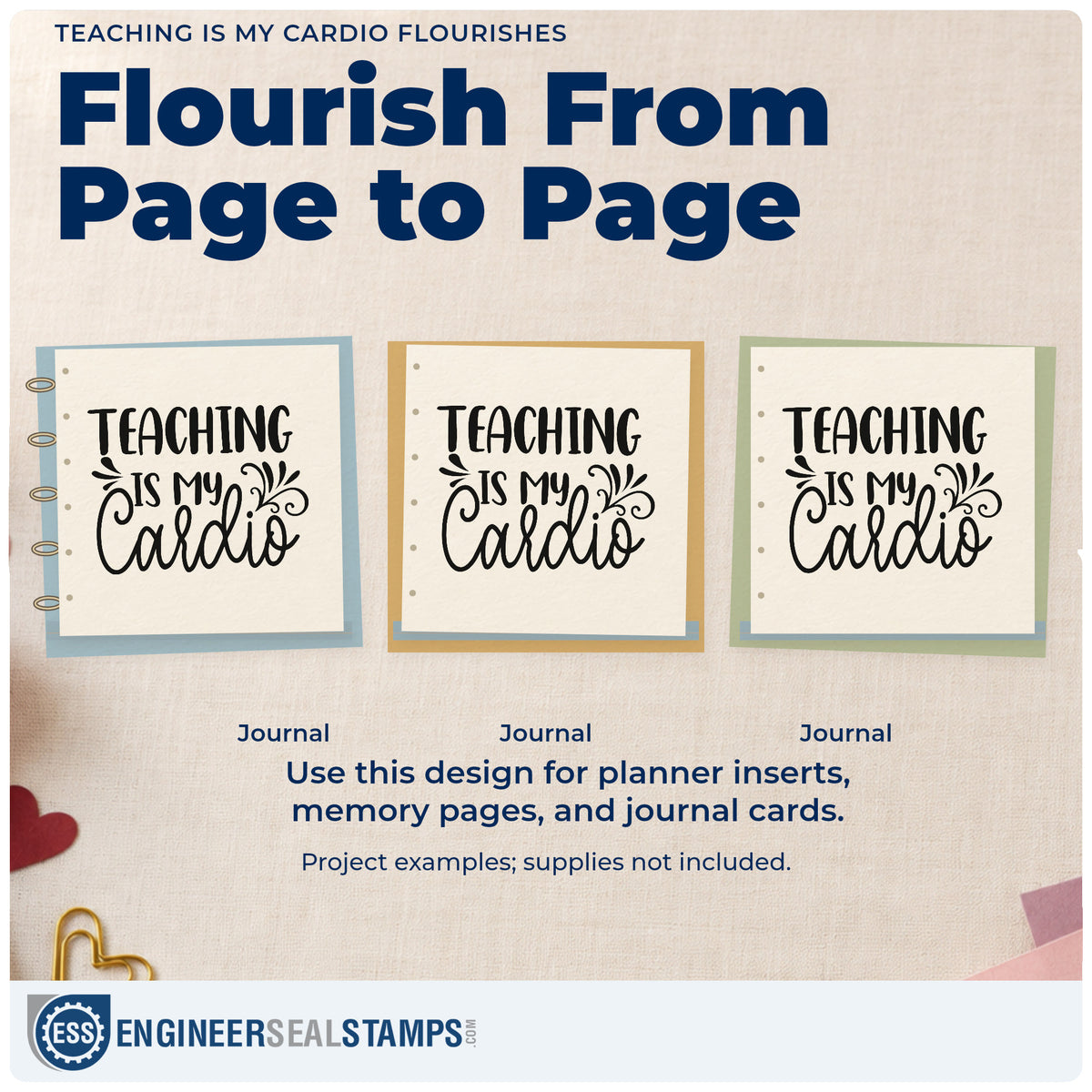 Three project examples made with the Teaching Is My Cardio Flourishes Stamp – Self-Inking, including medal box labels.