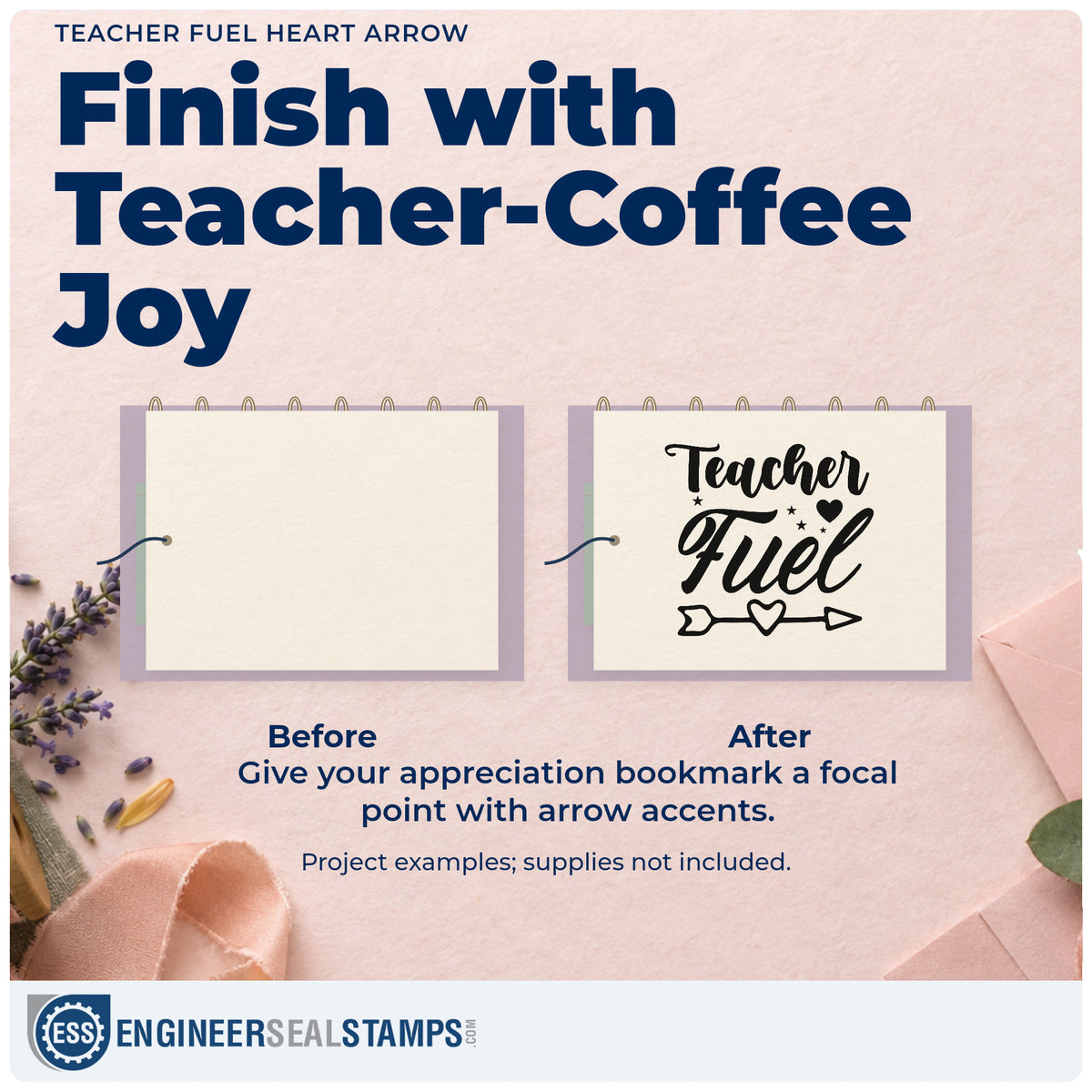 Before and after of a plain item finished with the Teacher Fuel Heart Arrow With Stars Rubber Stamp – Duo Hand, a quick upgrade for treat box seals.