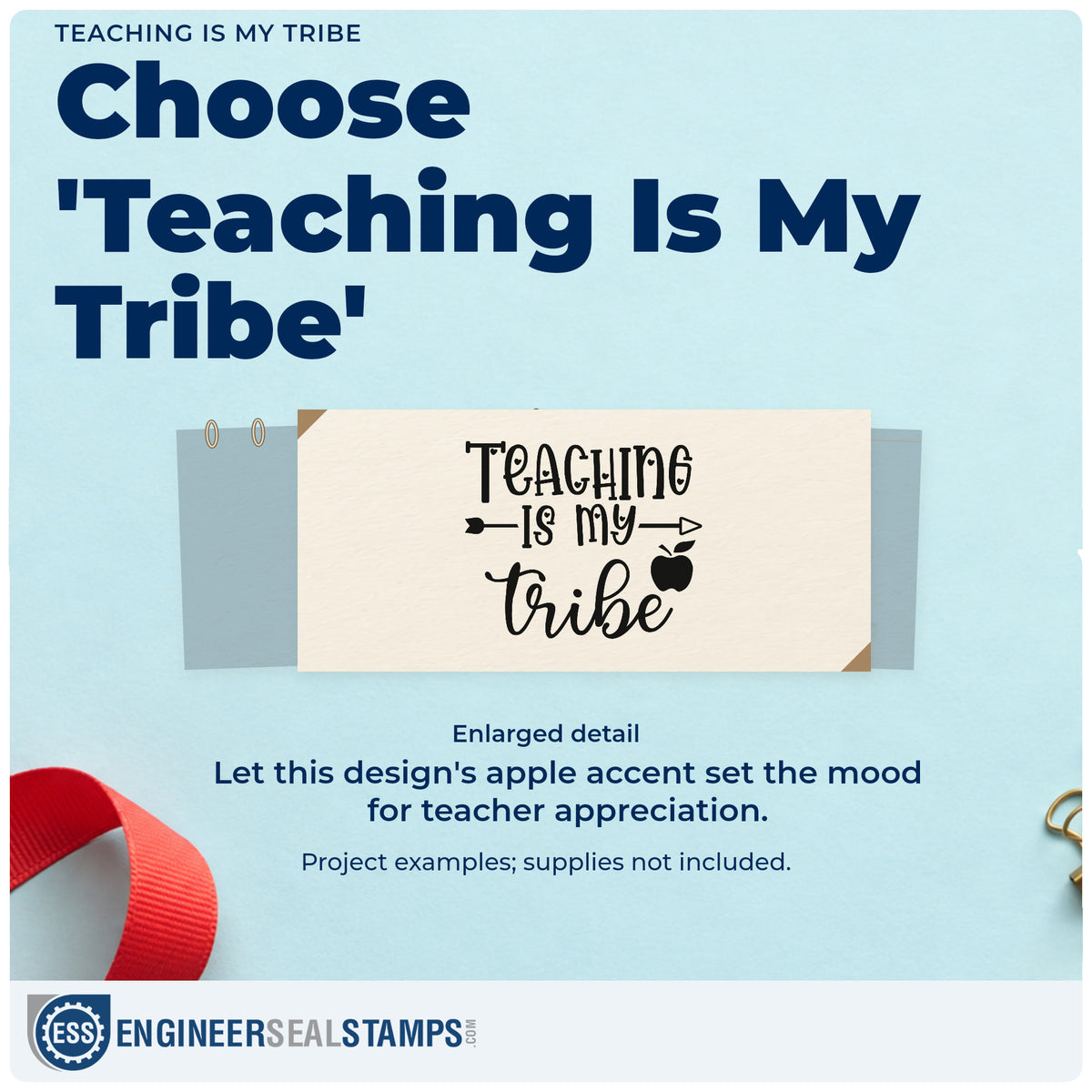 Enlarged detail of the Teaching Is My Tribe Hand Stamp – Duo imprint. “Teaching Is My Tribe” is accented with an arrow and apple.