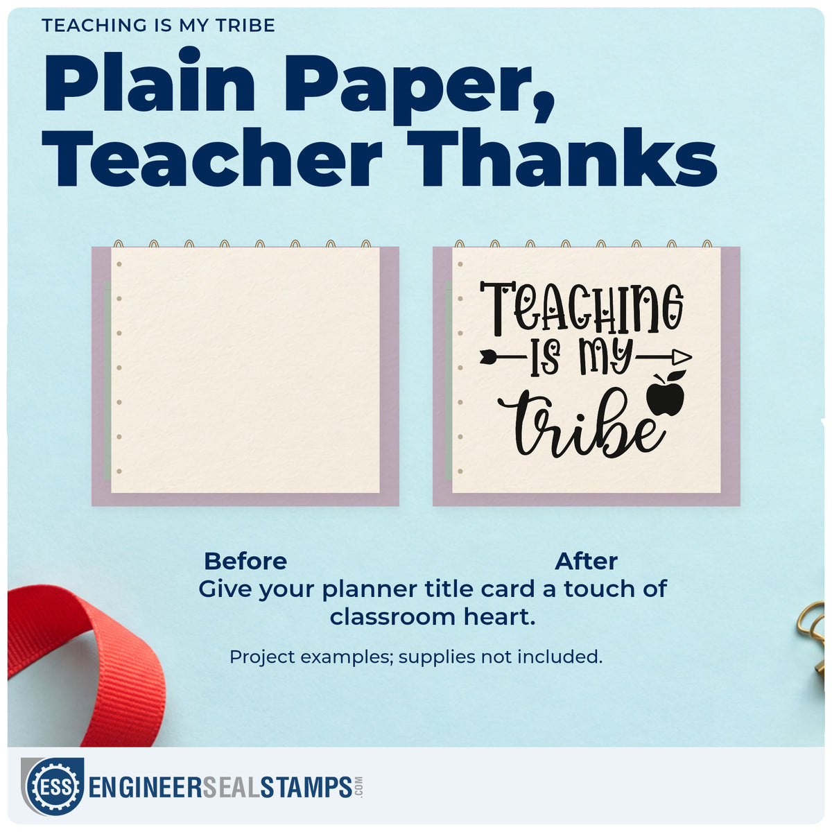 Before and after of a plain item finished with the Teaching Is My Tribe Rubber Stamp – Wood Handle, a quick upgrade for moderation seals.