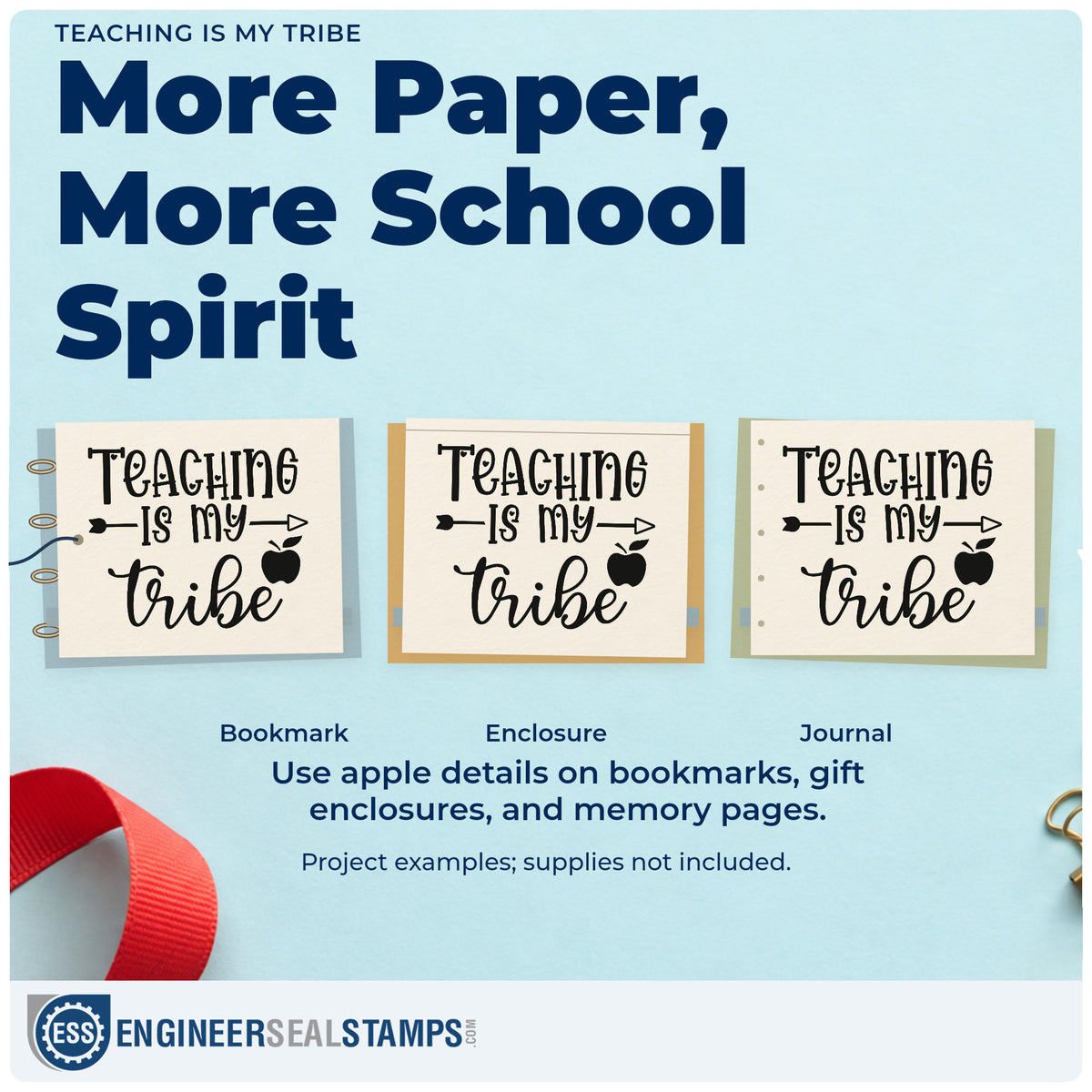 Three project examples made with the Teaching Is My Tribe Craft Stamp – Self-Inking, including resource shelf labels.
