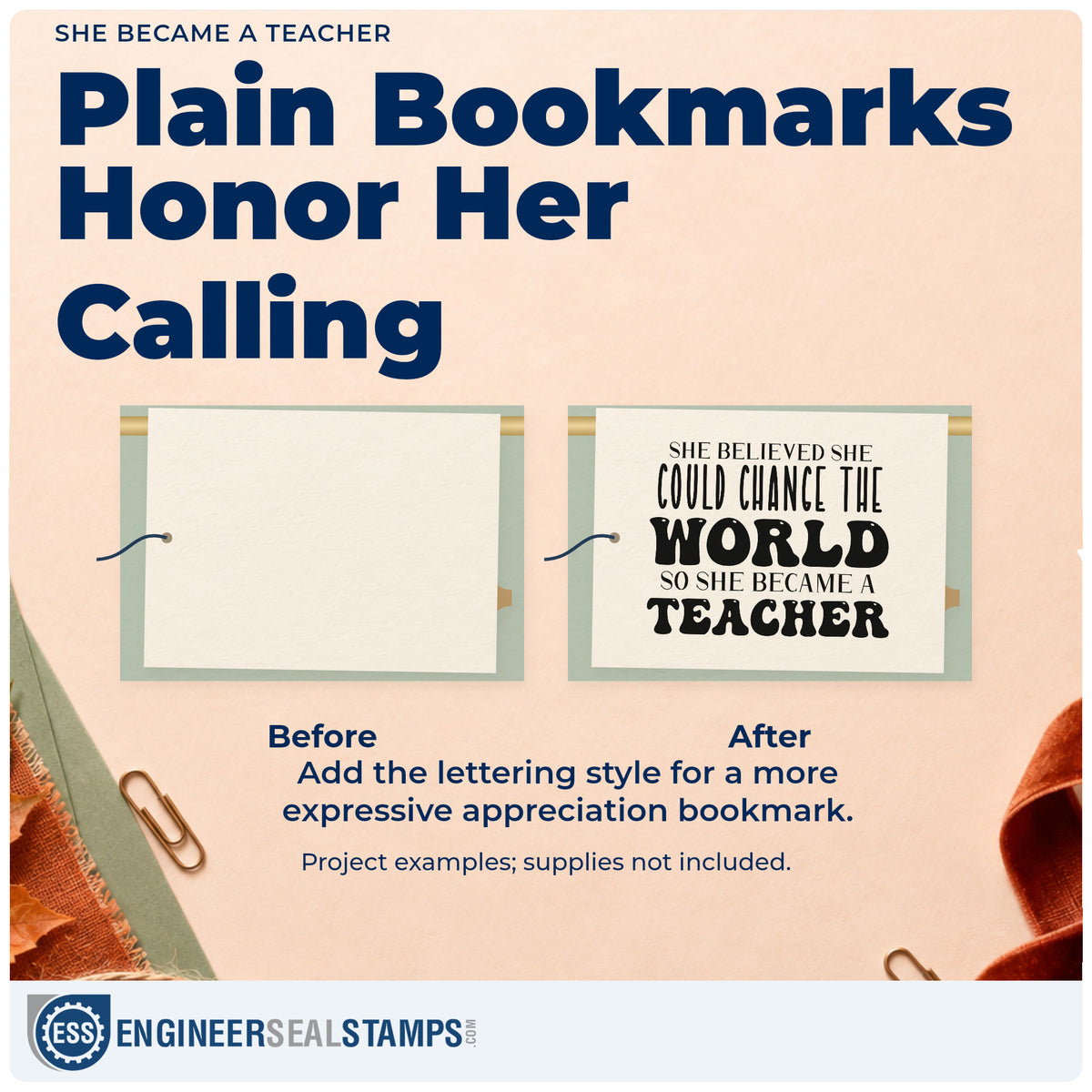 Before and after of a plain item finished with the She Became A Teacher Lettering Compact Pre-Inked Stamp – Slim, a quick upgrade for offer letter seals.