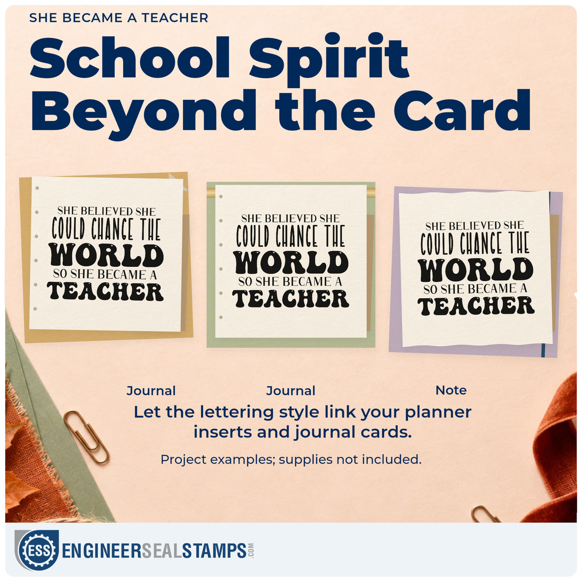 Three project examples made with the She Became A Teacher Lettering Compact Pre-Inked Stamp – Slim, including study desk labels.