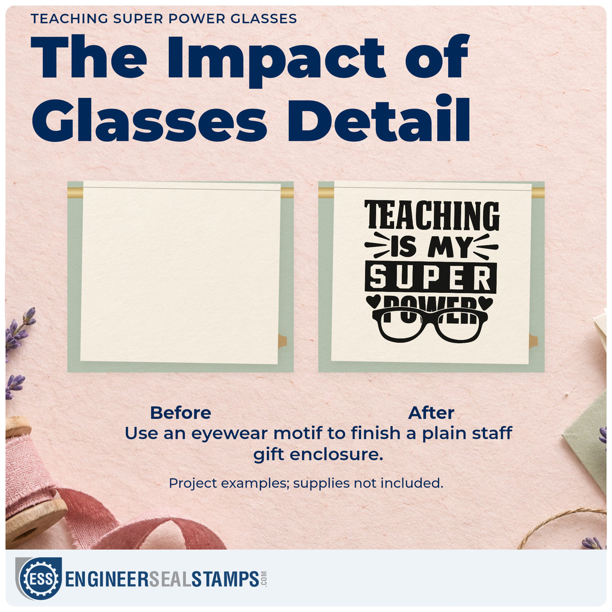 Before and after of a plain item finished with the Teaching Super Power Glasses Rubber Stamp – Wood Handle, a quick upgrade for health pack seals.