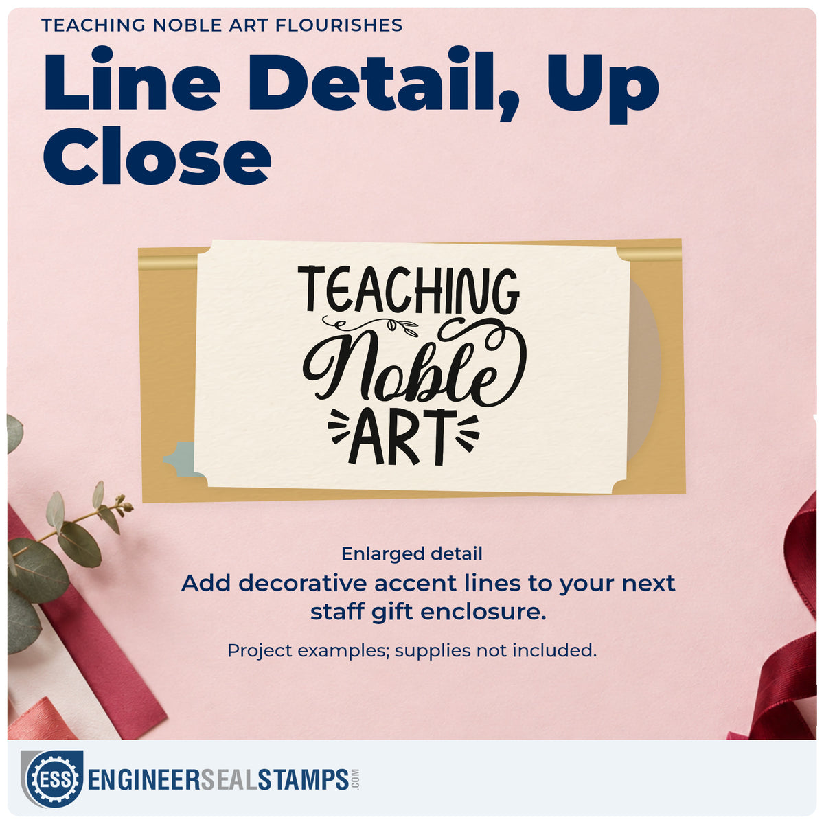 Enlarged detail of the Slim Pre-Inked Teaching Noble Art Stamp imprint. “Teaching Noble Art” mixes capitals and ornate script with decorative strokes.