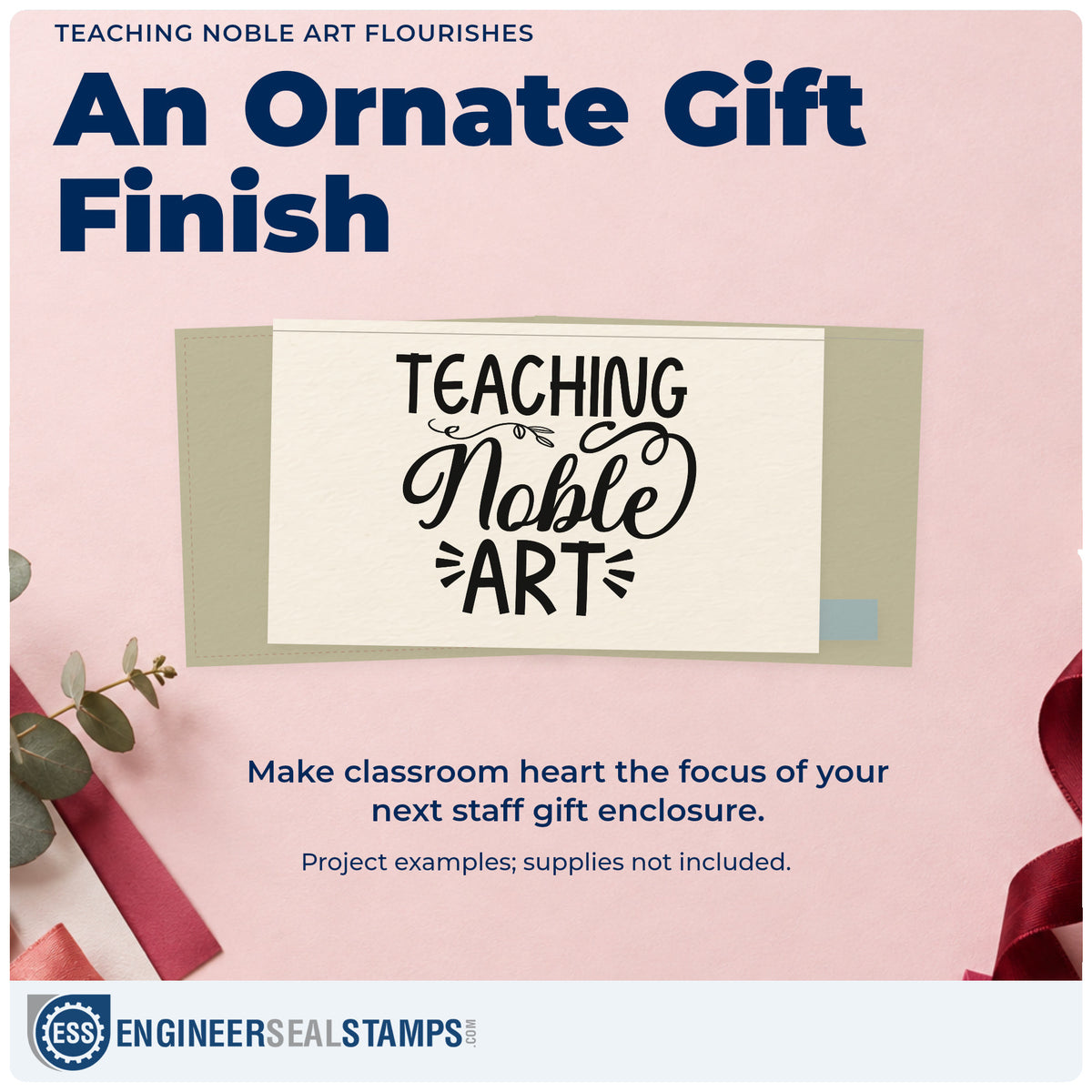 A finished handmade project stamped with the Slim Pre-Inked Teaching Noble Art Stamp, ideal for gallery tour tags.