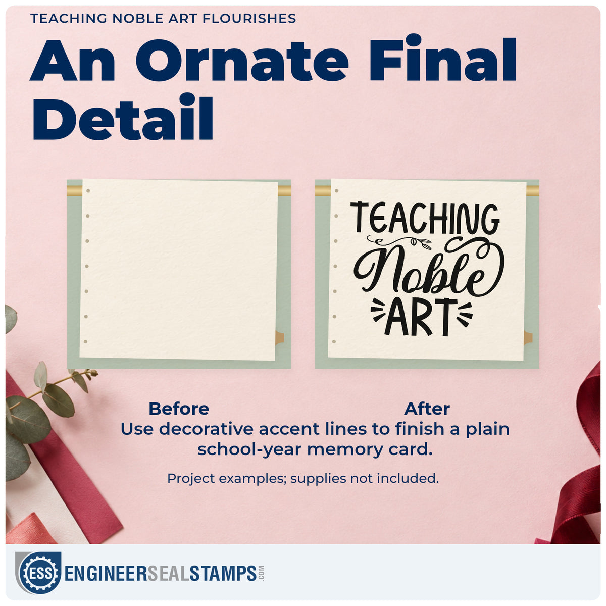 Before and after of a plain item finished with the Teaching Noble Art Rubber Stamp – Duo Hand, a quick upgrade for catalog seals.