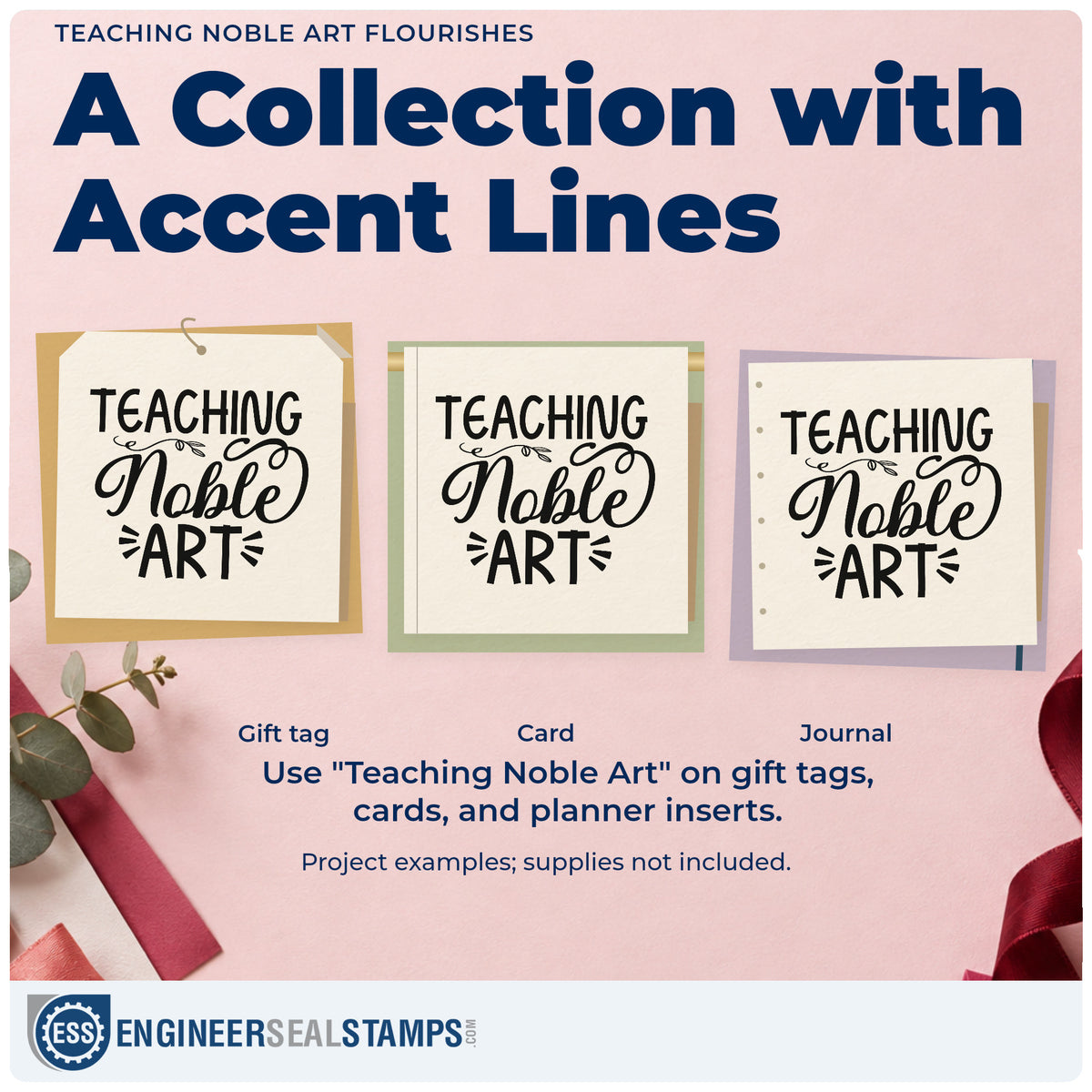 Three project examples made with the Teaching Noble Art Rubber Stamp – Duo Hand, including plinth base labels.