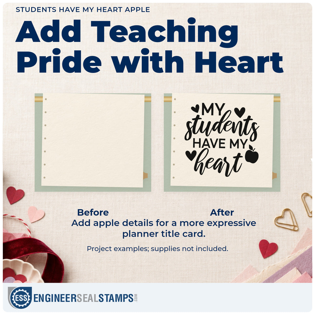 Before and after of a plain item finished with the My Students My Heart Apple Lettering Pre-Inked Stamp – Slim, a quick upgrade for letter fold seals.