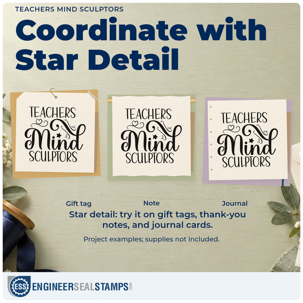 Three project examples made with the Teachers Mind Sculptors With Stars Slim Pre-Inked Stamp, including glaze pot labels.