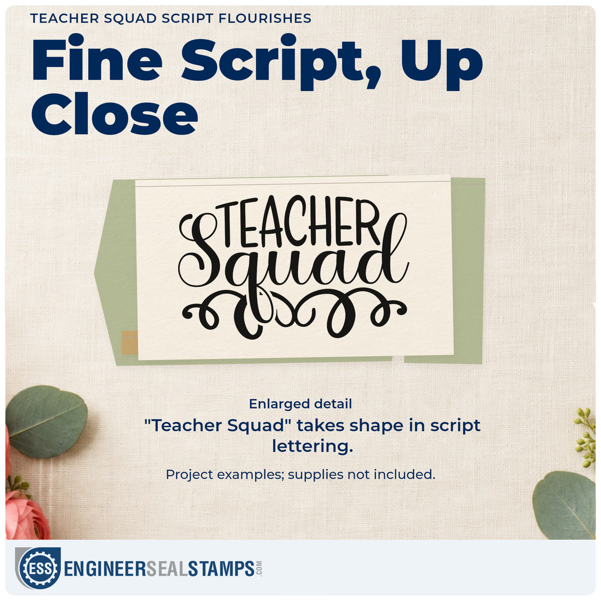 Enlarged detail of the Teacher Squad Script Flourishes Rubber Stamp – Duo Hand imprint. “Teacher Squad” combines thin capitals and large ornate script.