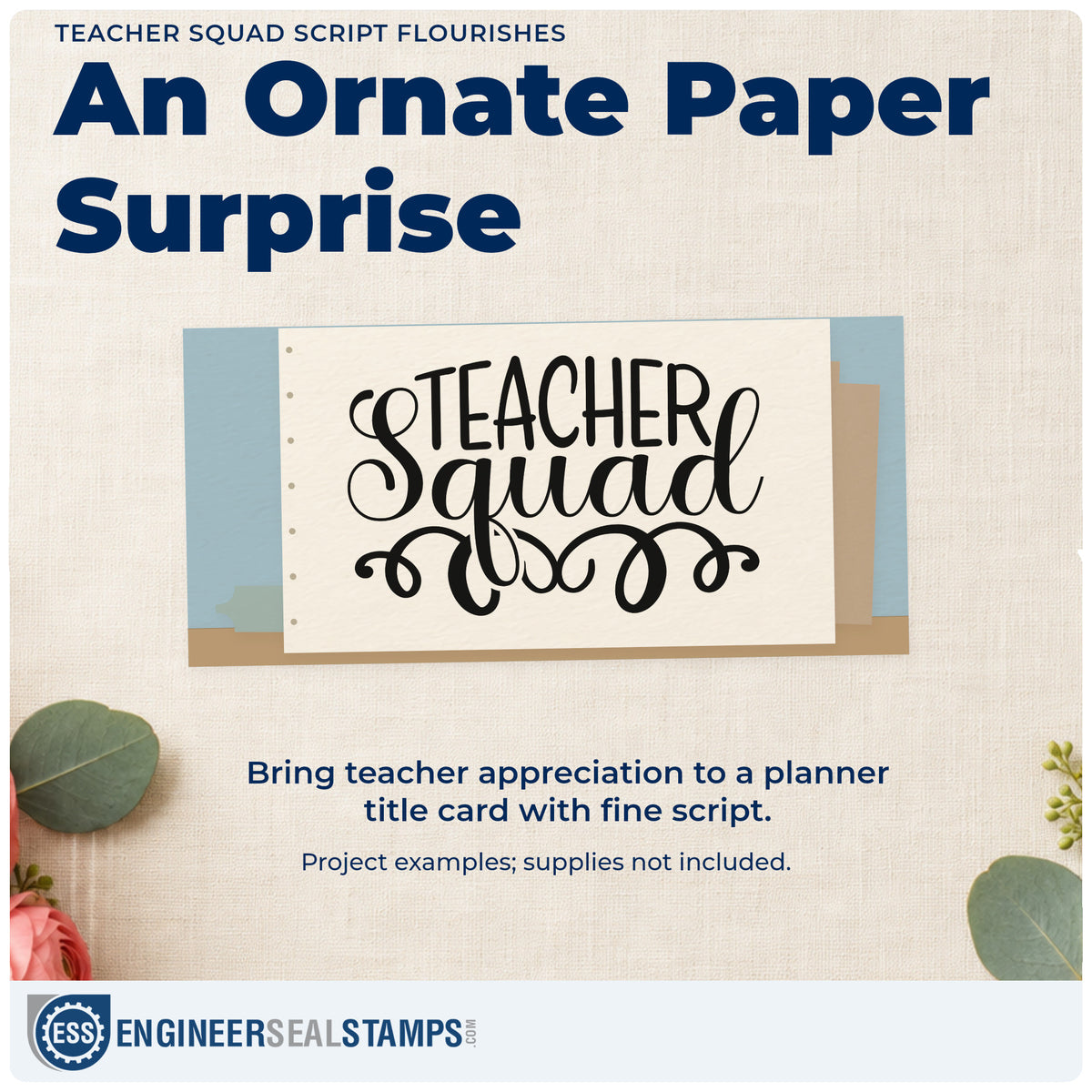 A finished handmade project stamped with the Teacher Squad Script Flourishes Rubber Stamp – Duo Hand, ideal for gala table tags.