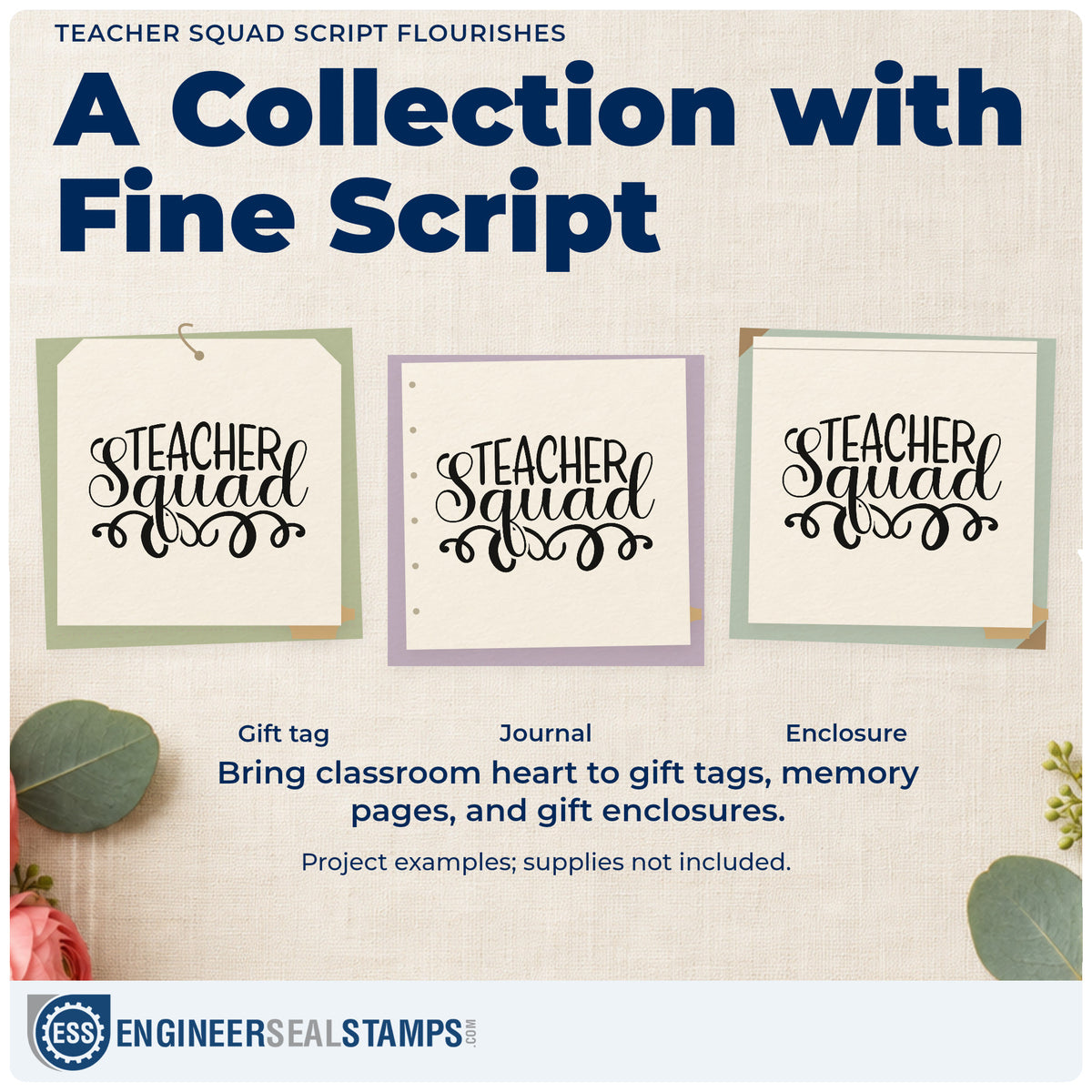 Three project examples made with the Teacher Squad Script Flourishes Stamp – Self-Inking, including wine bottle labels.