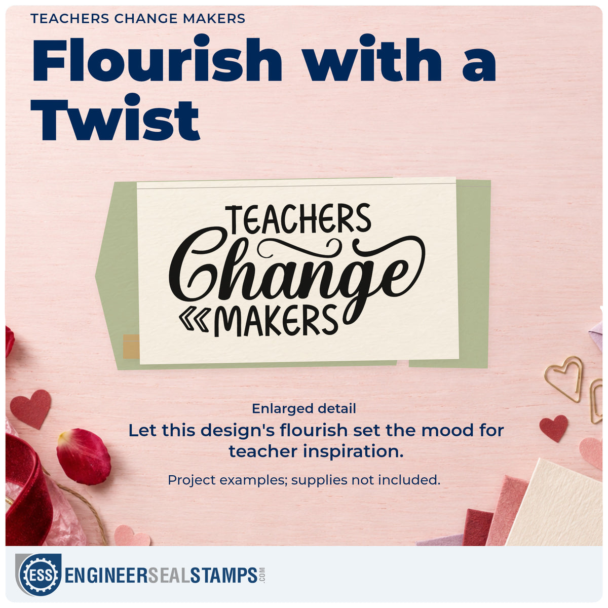 Enlarged detail of the Duo Hand Teachers Change Makers Script Lettering Rubber Stamp imprint. “Teachers Change Makers” features flowing script, curls, and double chevrons.