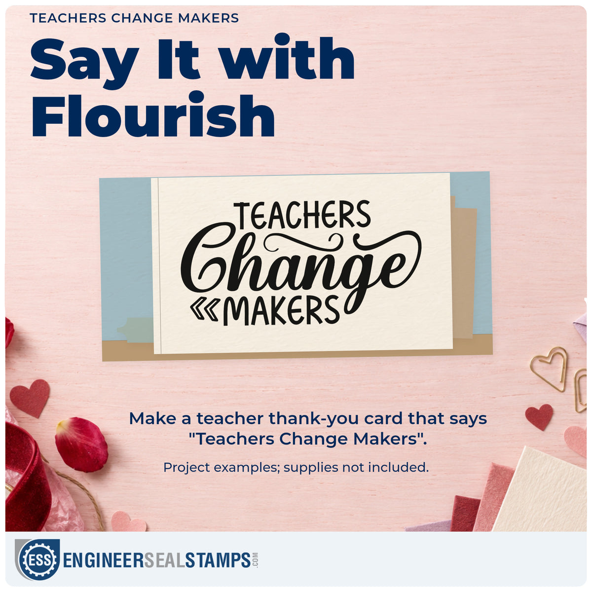 A finished handmade project stamped with the Teachers Change Makers Script Lettering Wood Handle Stamp, ideal for pilot project tags.