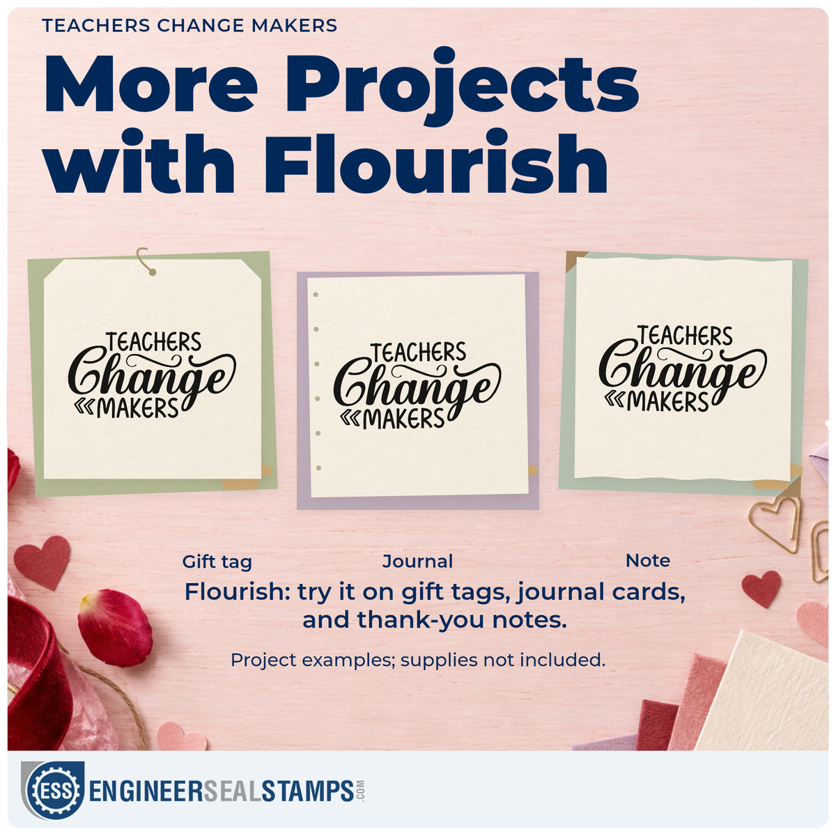Three project examples made with the Teachers Change Makers Script Lettering Slim Pre-Inked Stamp, including prototype bin labels.