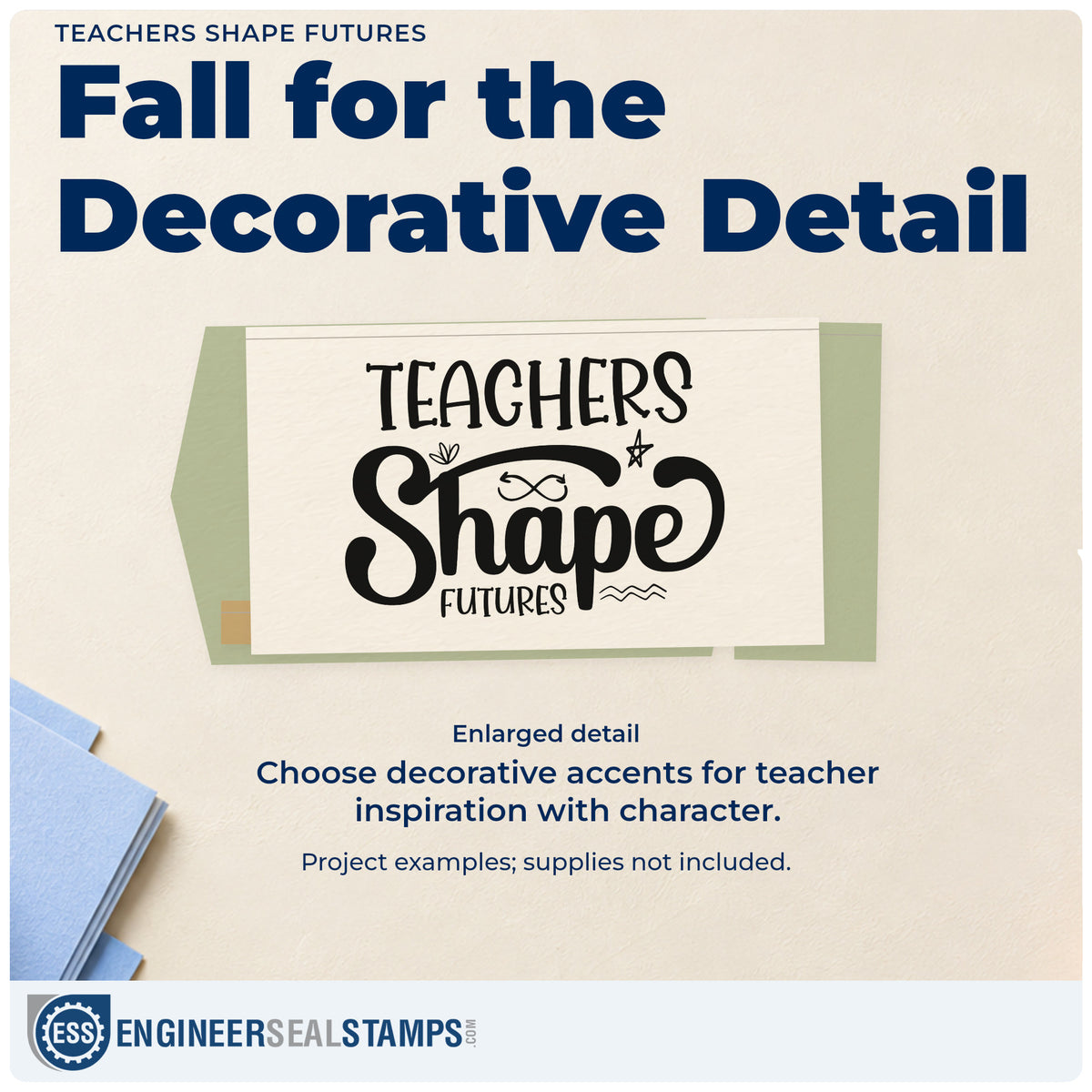 Enlarged detail of the Figure-Eight Arrow Teachers Shape Futures Stamp – Self-Inking imprint. "Teachers Shape Futures" appears with a small figure-eight arrow loop, a leaf-like accent, a star, and wavy decorative lines.