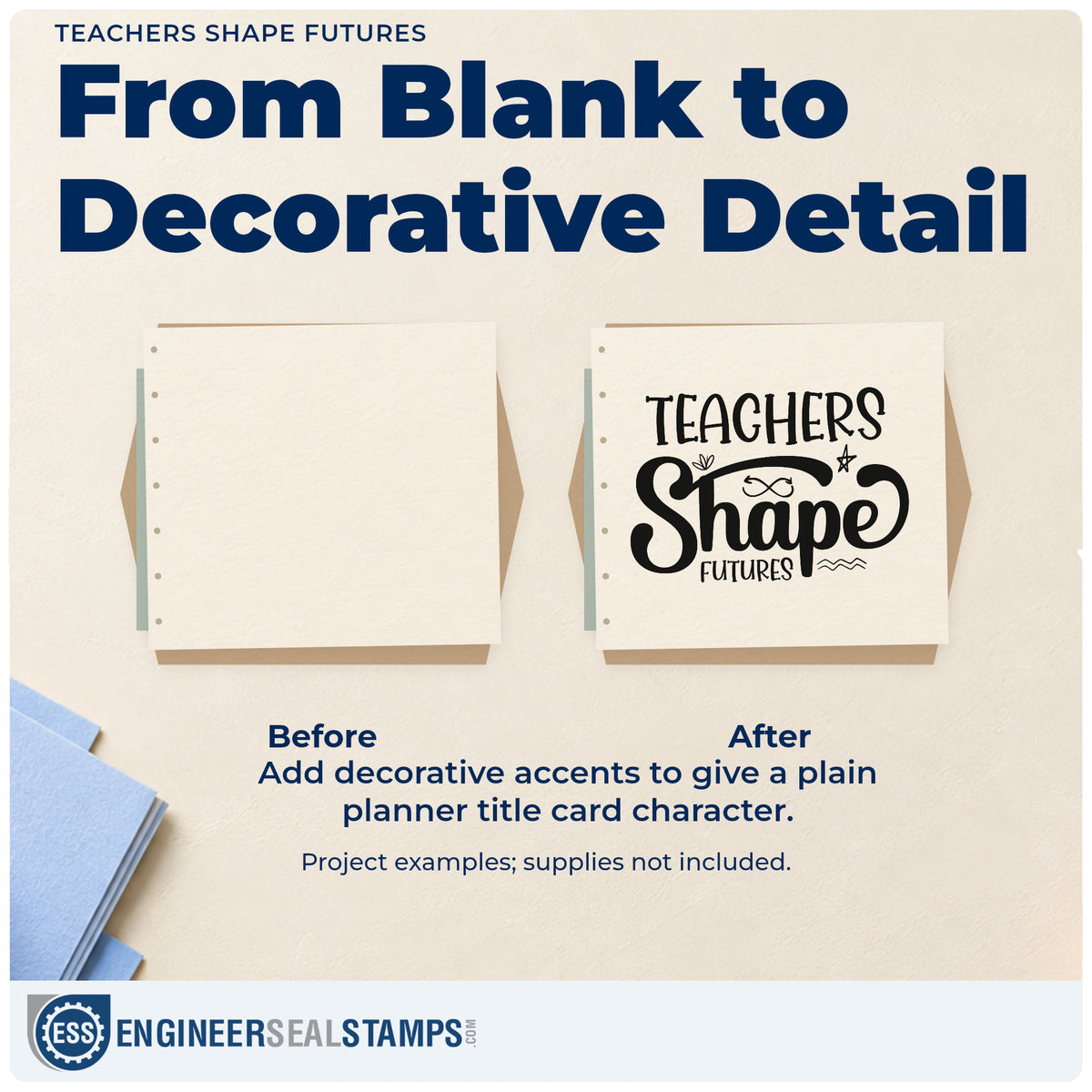 Before and after of a plain item finished with the Figure-Eight Arrow Teachers Shape Futures Stamp – Slim Pre-Inked, a quick upgrade for transfer file seals.