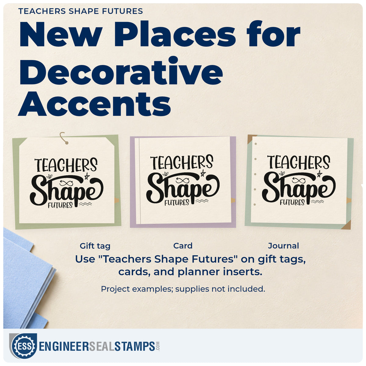 Three project examples made with the Figure-Eight Arrow Teachers Shape Futures PSI Pre-Inked Stamp, including archive tray labels.