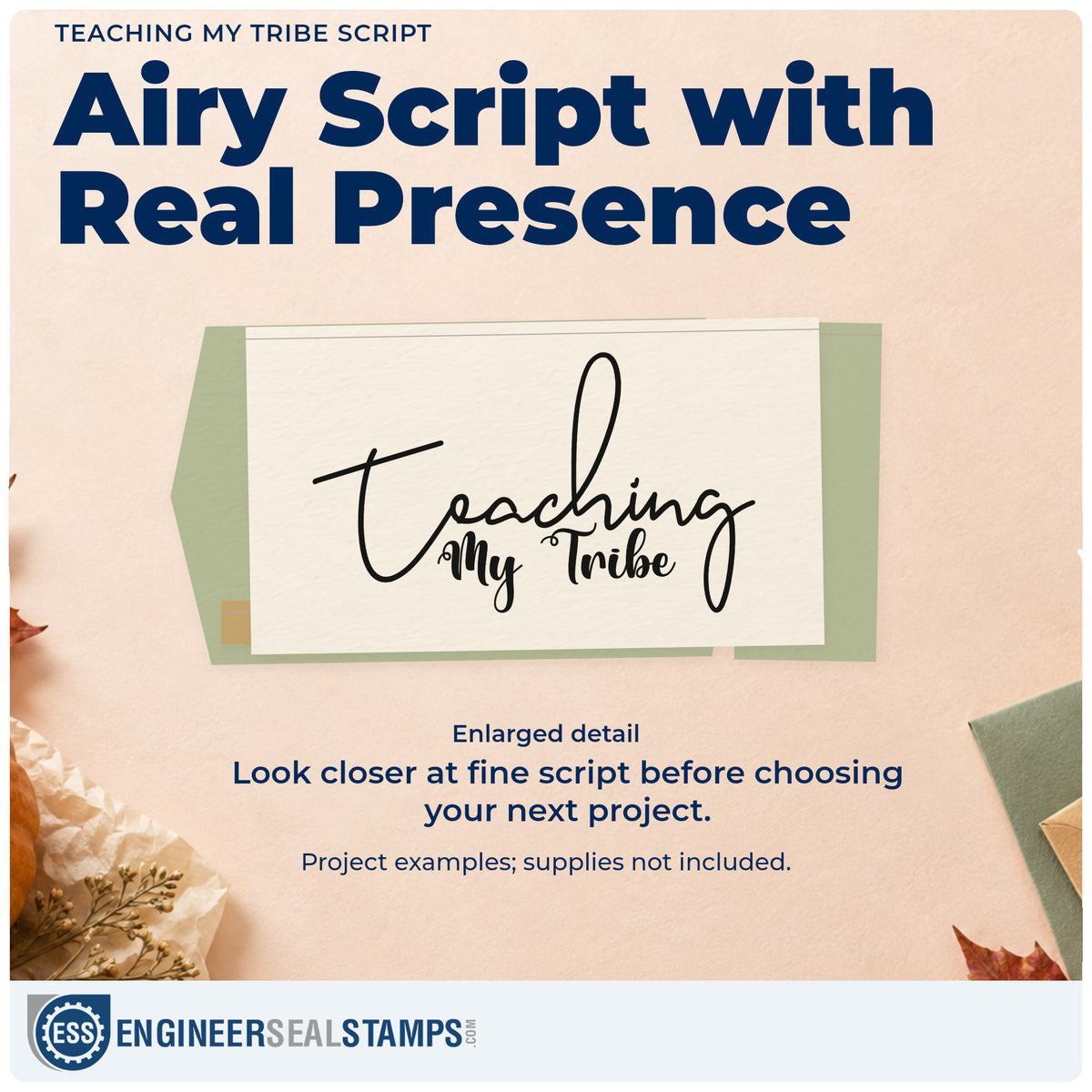 Enlarged detail of the Teaching My Tribe Stamp – Self-Inking imprint. Thin flowing script reads “Teaching My Tribe.”