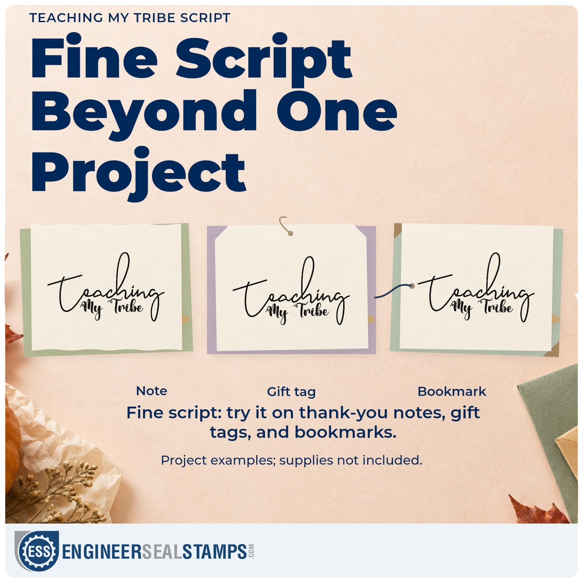 Three project examples made with the Teaching My Tribe Slim Pre-Inked Stamp, including slim spine labels.