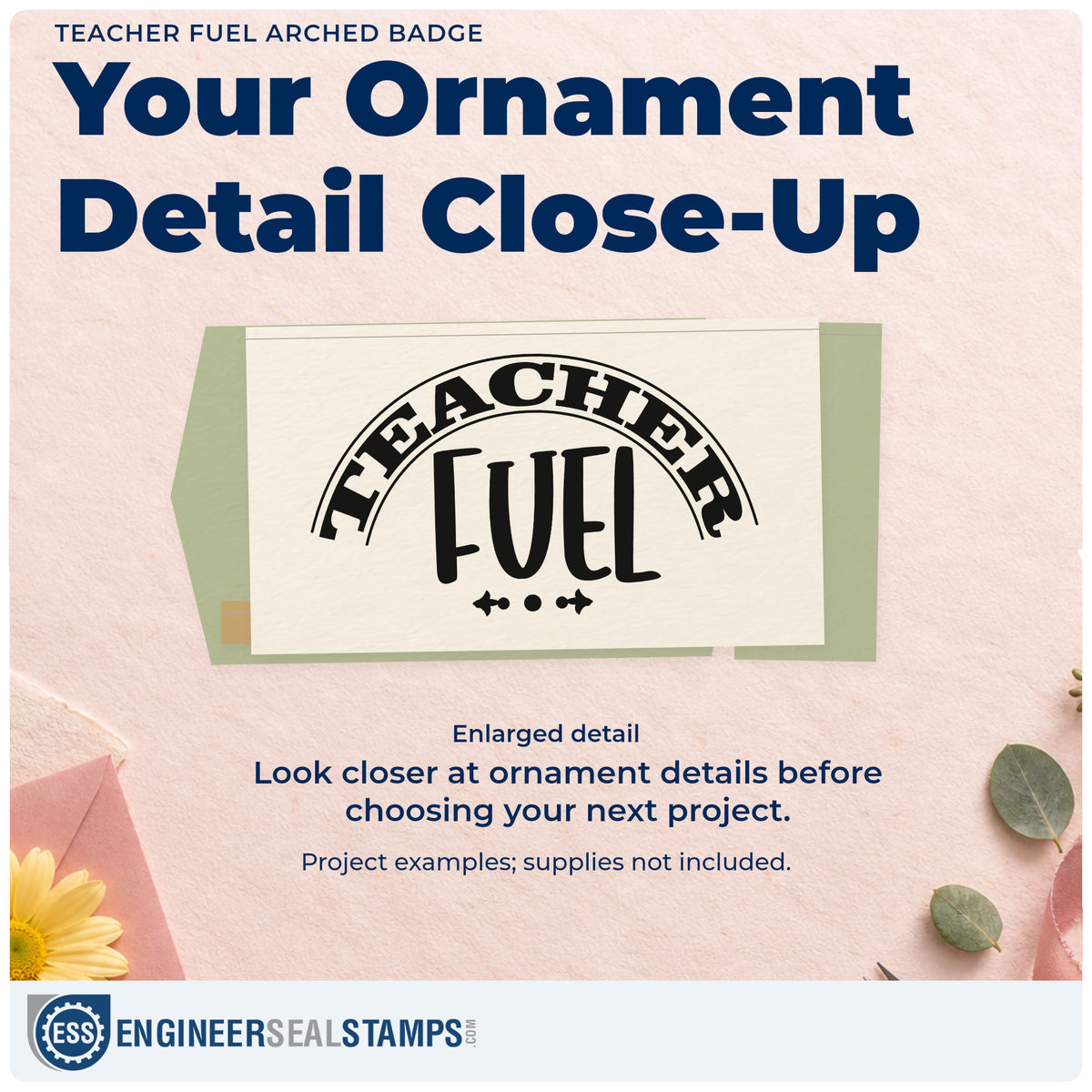 Enlarged detail of the Teacher Fuel With Small Ornaments Hand Stamp – Duo imprint. Arched “Teacher” sits above tall “Fuel” lettering with small ornaments below.