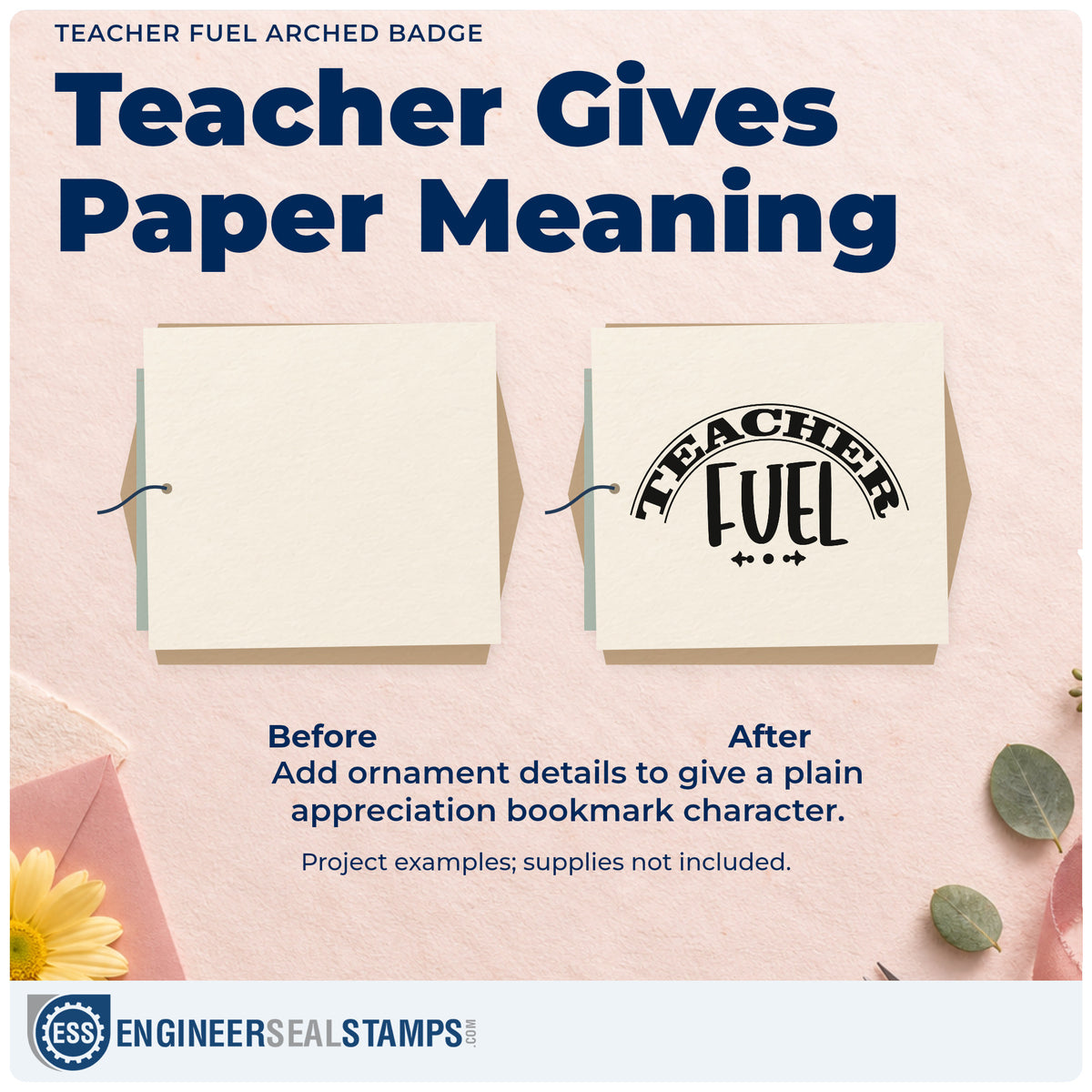 Before and after of a plain item finished with the Teacher Fuel With Small Ornaments Pre-Inked Stamp – Slim, a quick upgrade for basket handle seals.