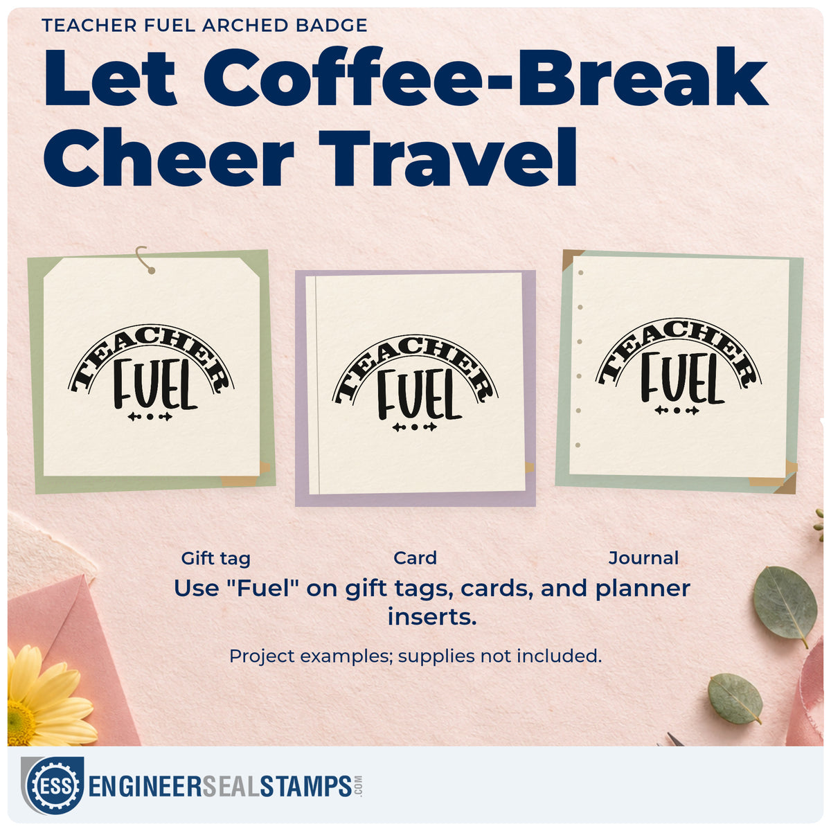 Three project examples made with the Teacher Fuel With Small Ornaments Hand Stamp – Duo, including jar lid labels.