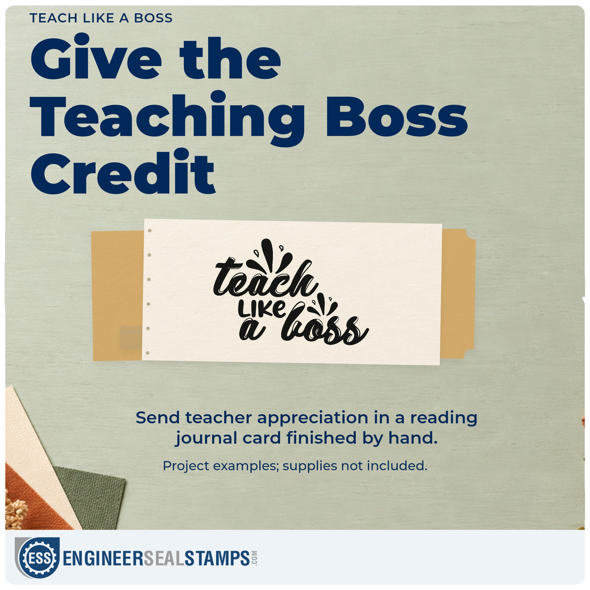 A finished handmade project stamped with the Teach Like A Boss Flowing Script PSI Pre-Inked Stamp, ideal for splatter kit tags.