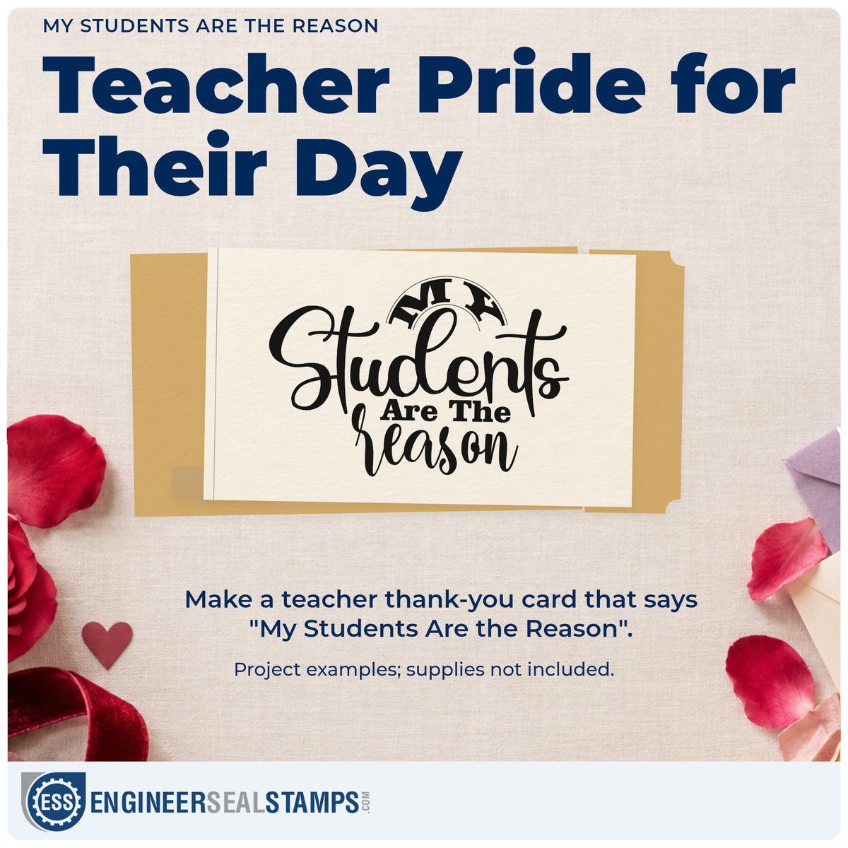 A finished handmade project stamped with the PSI Pre-Inked My Students Are The Reason Lettering Stamp, ideal for calligraphy tags.