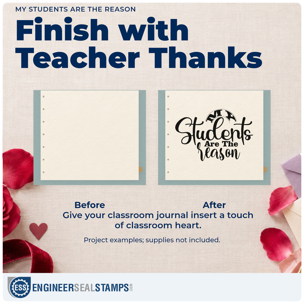 Before and after of a plain item finished with the PSI Pre-Inked My Students Are The Reason Lettering Stamp, a quick upgrade for order card seals.
