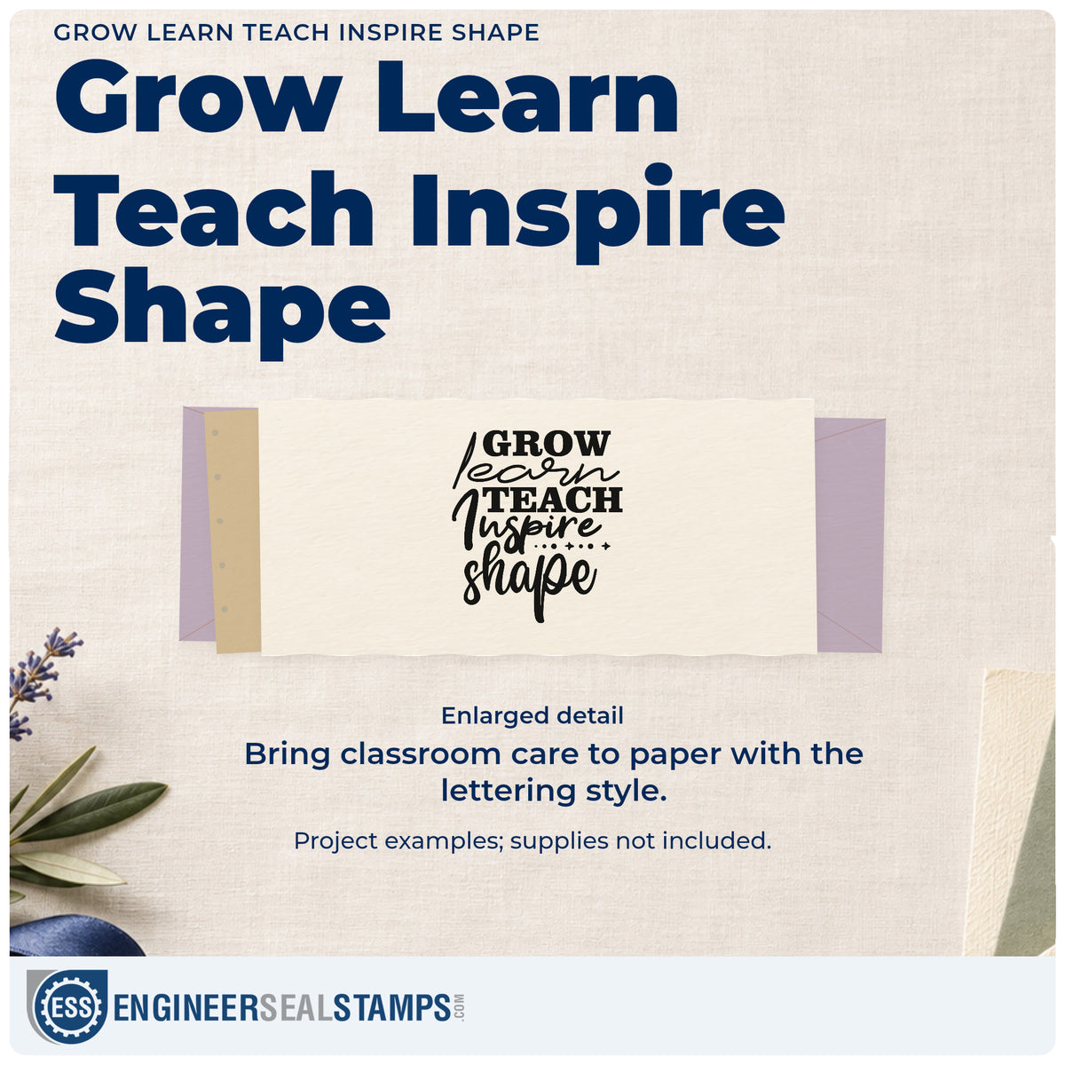 Enlarged detail of the Grow Learn Teach Inspire Shape Rubber Stamp – Duo Hand imprint. Stacked words read “Grow Learn Teach Inspire Shape” with a row of small diamonds.