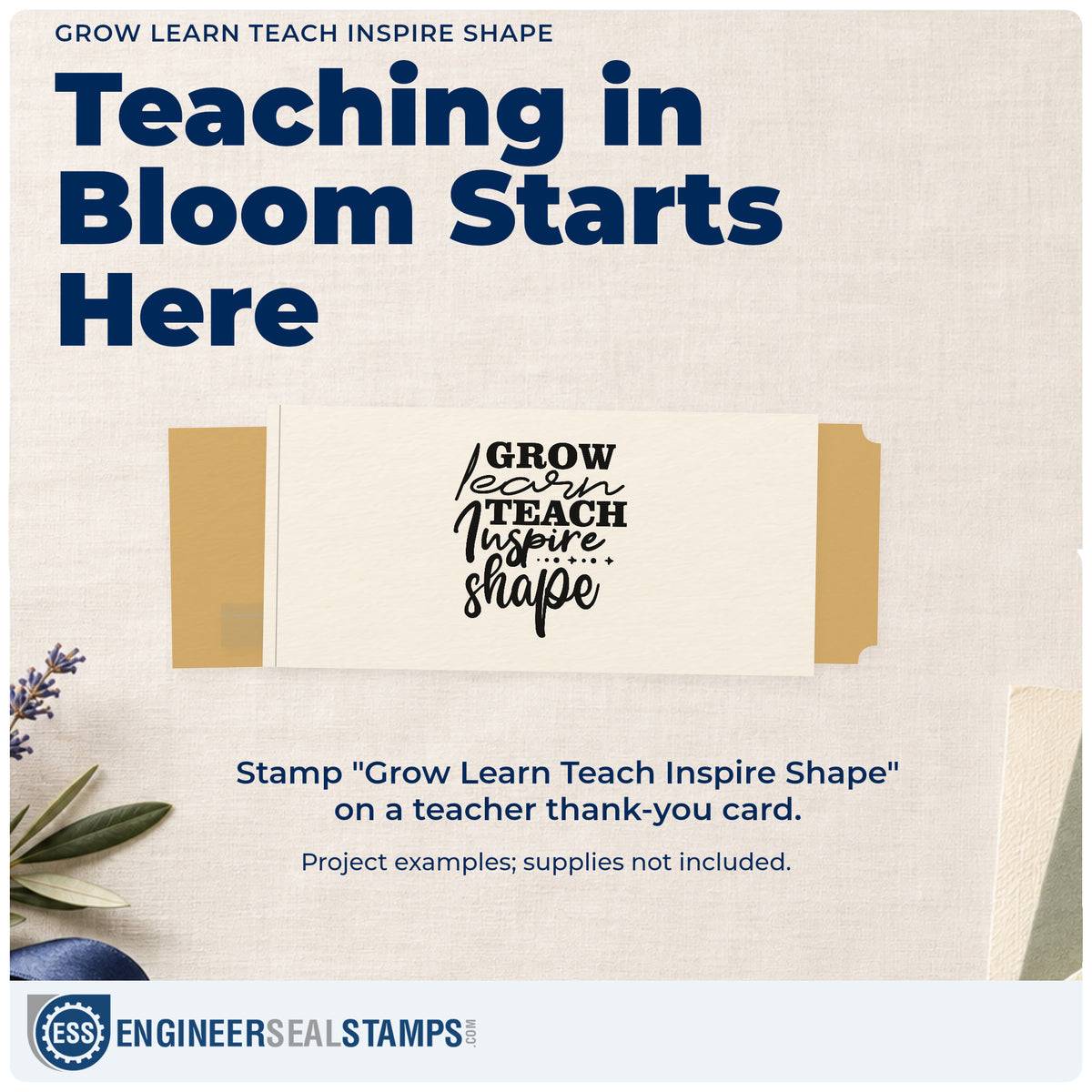 A finished handmade project stamped with the Grow Learn Teach Inspire Shape Stamp – Premium Vintage Pro Wooden, ideal for career stage tags.