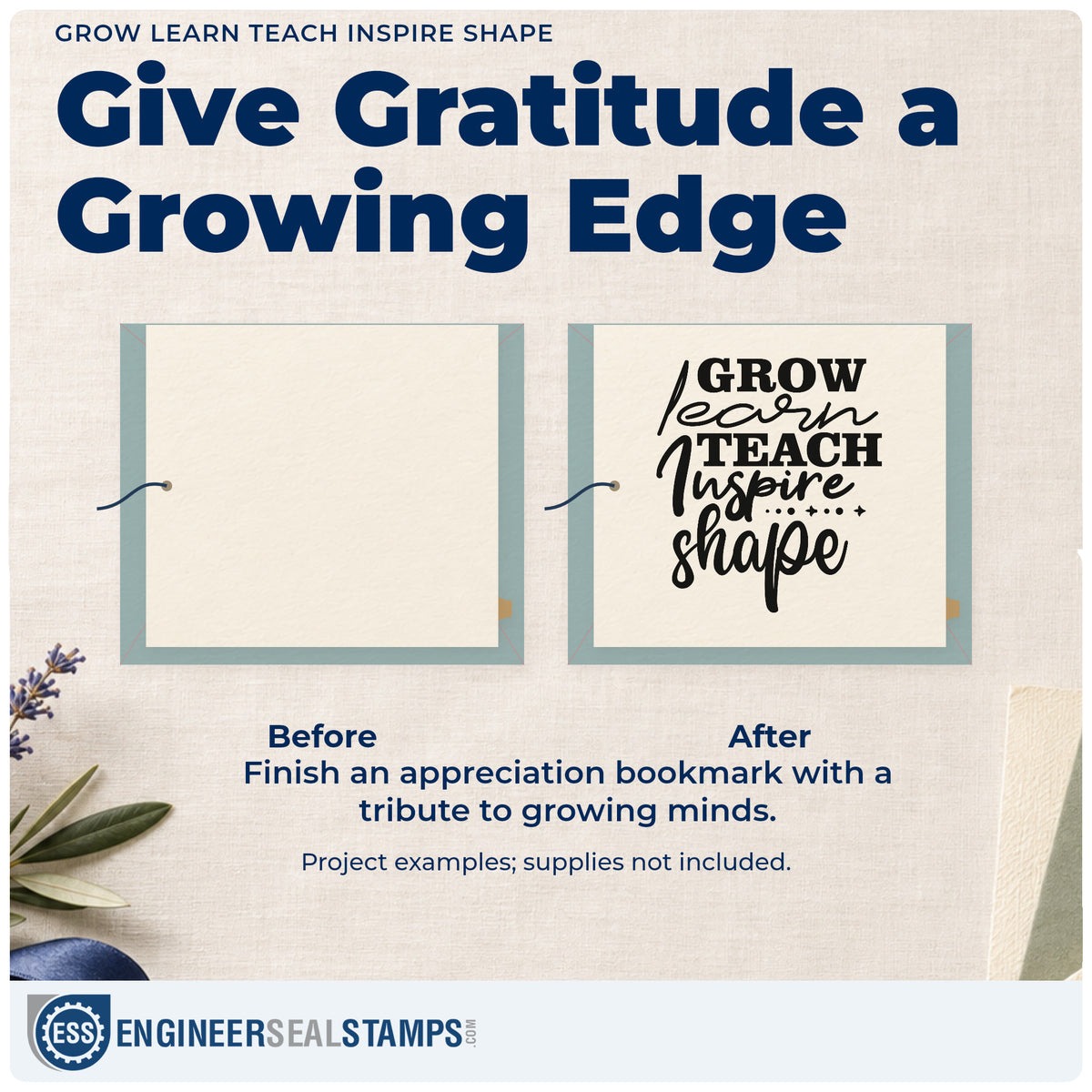 Before and after of a plain item finished with the Grow Learn Teach Inspire Shape Pre-Inked Stamp – PSI, a quick upgrade for appraisal seals.