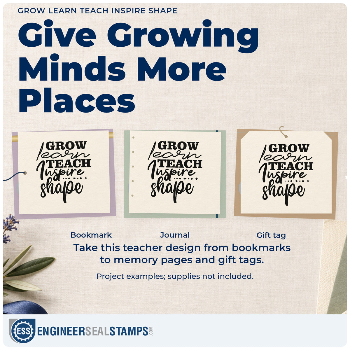Three project examples made with the Grow Learn Teach Inspire Shape Pre-Inked Stamp – PSI, including portfolio box labels.