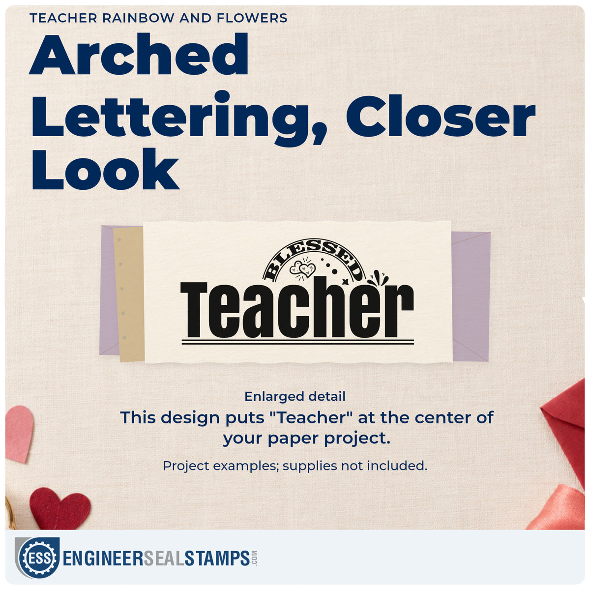 Enlarged detail of the Teacher Rainbow And Flowers Self-Inking Stamp imprint. Bold underlined “Teacher” sits beneath a decorative rainbow-like arch with floral details.