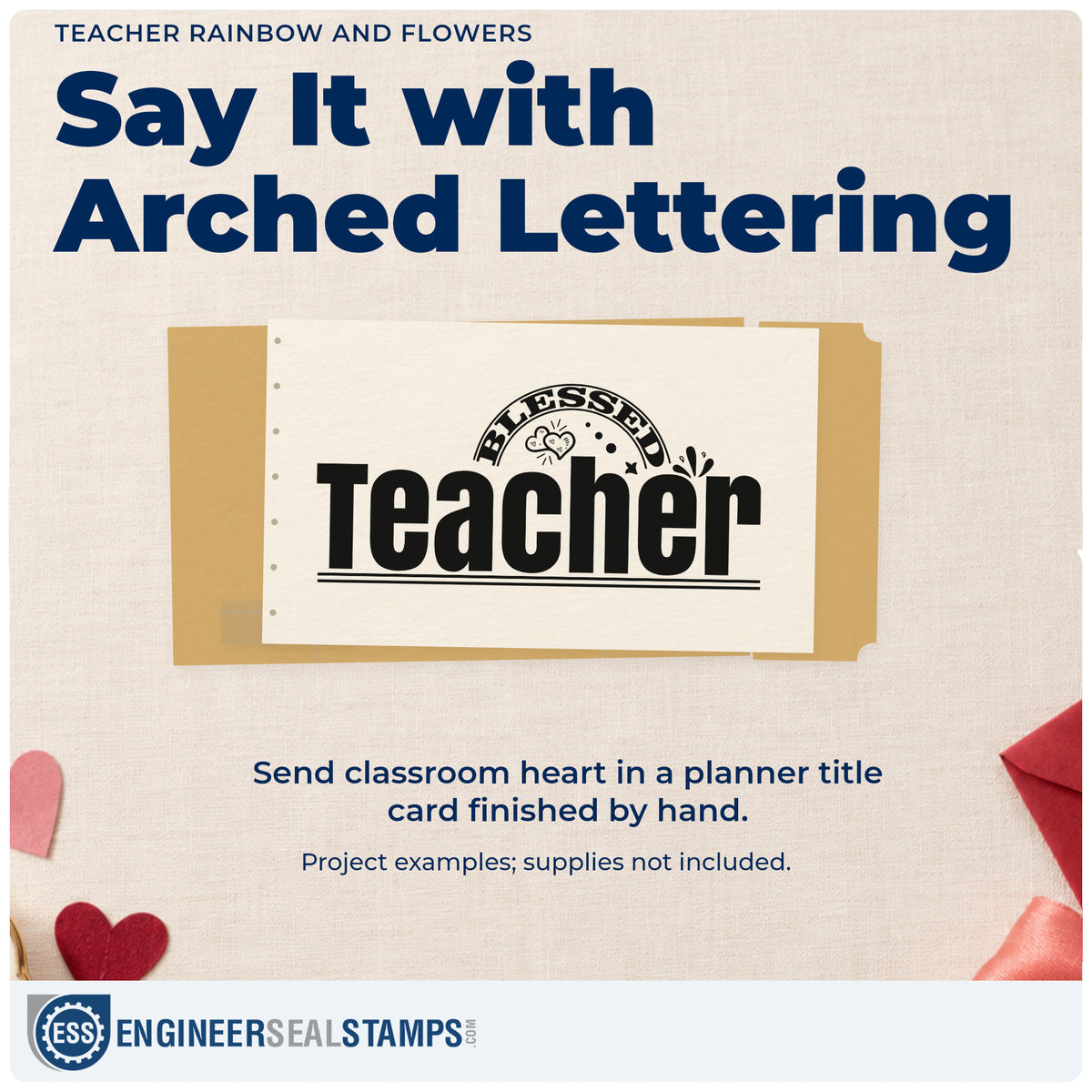 A finished handmade project stamped with the Teacher Rainbow And Flowers Premium Wooden Stamp – Vintage Pro, ideal for welcome desk tags.