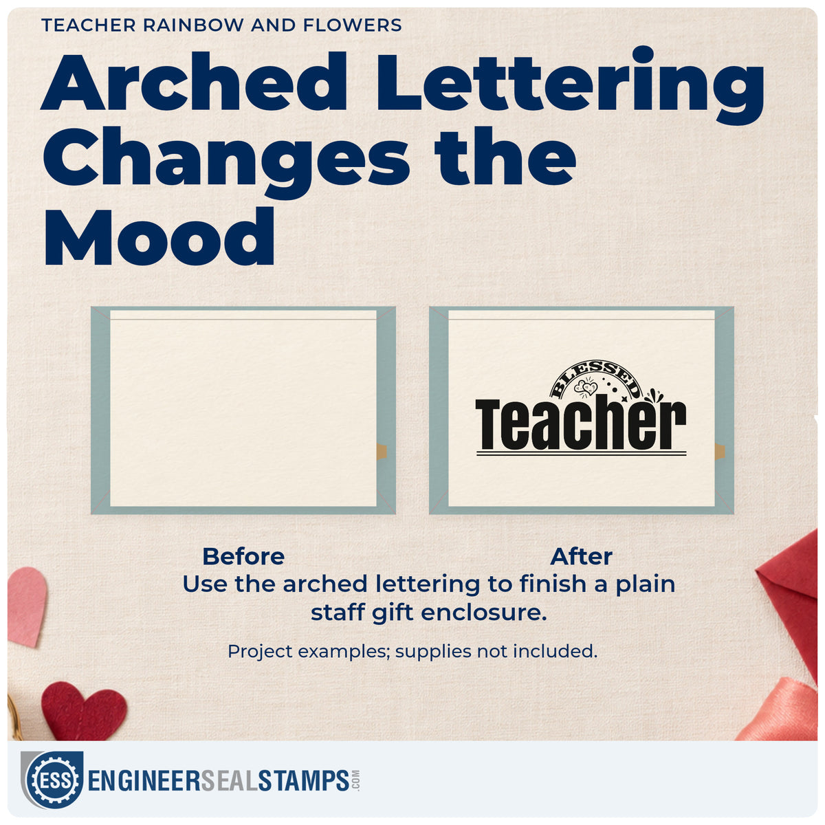 Before and after of a plain item finished with the Teacher Rainbow And Flowers Self-Inking Stamp, a quick upgrade for prospectus seals.