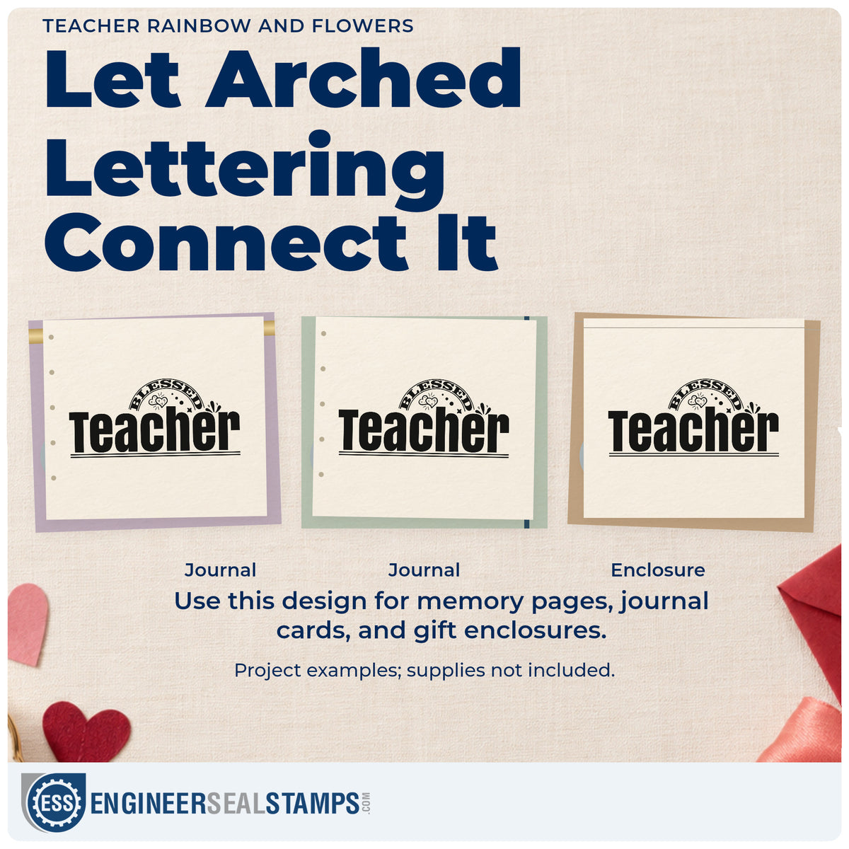 Three project examples made with the Teacher Rainbow And Flowers Self-Inking Stamp, including flower pot labels.