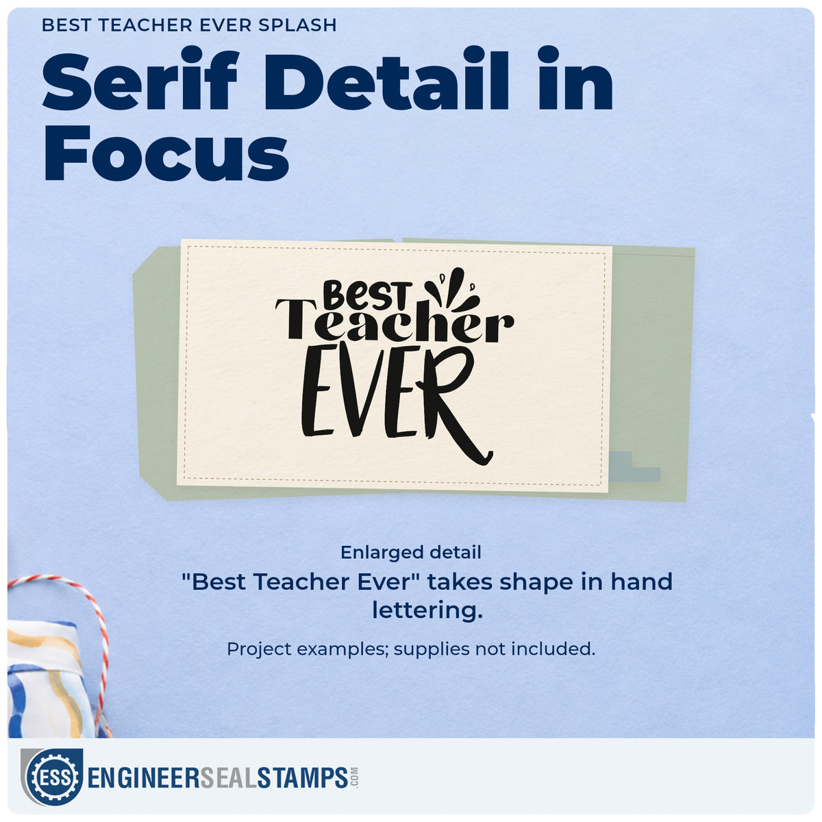 Enlarged detail of the Wood Handle Best Teacher Ever Splash Rubber Stamp imprint. “Best Teacher Ever” combines bold serif and tall hand-drawn lettering with splash accents.