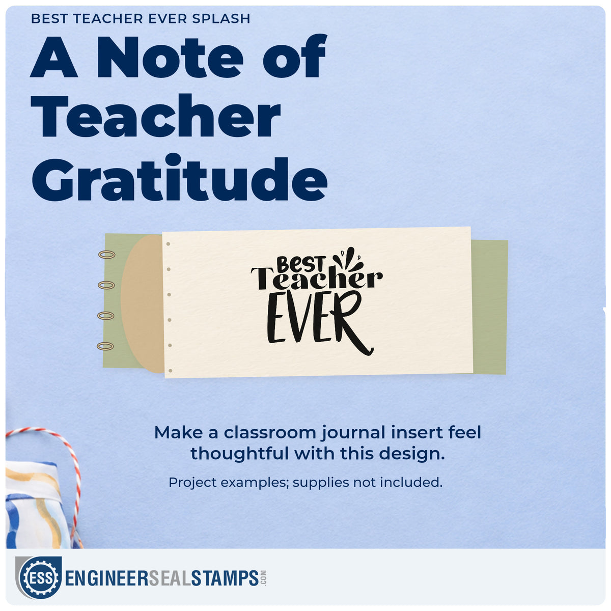 A finished handmade project stamped with the Wood Handle Best Teacher Ever Splash Rubber Stamp, ideal for sticker pack tags.