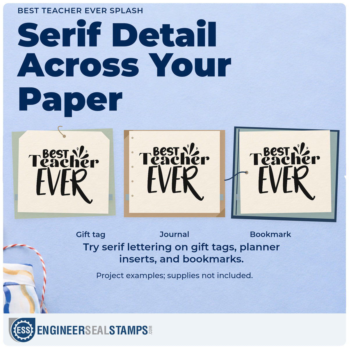 Three project examples made with the Best Teacher Ever Splash Rubber Stamp – Duo Hand, including spray can labels.