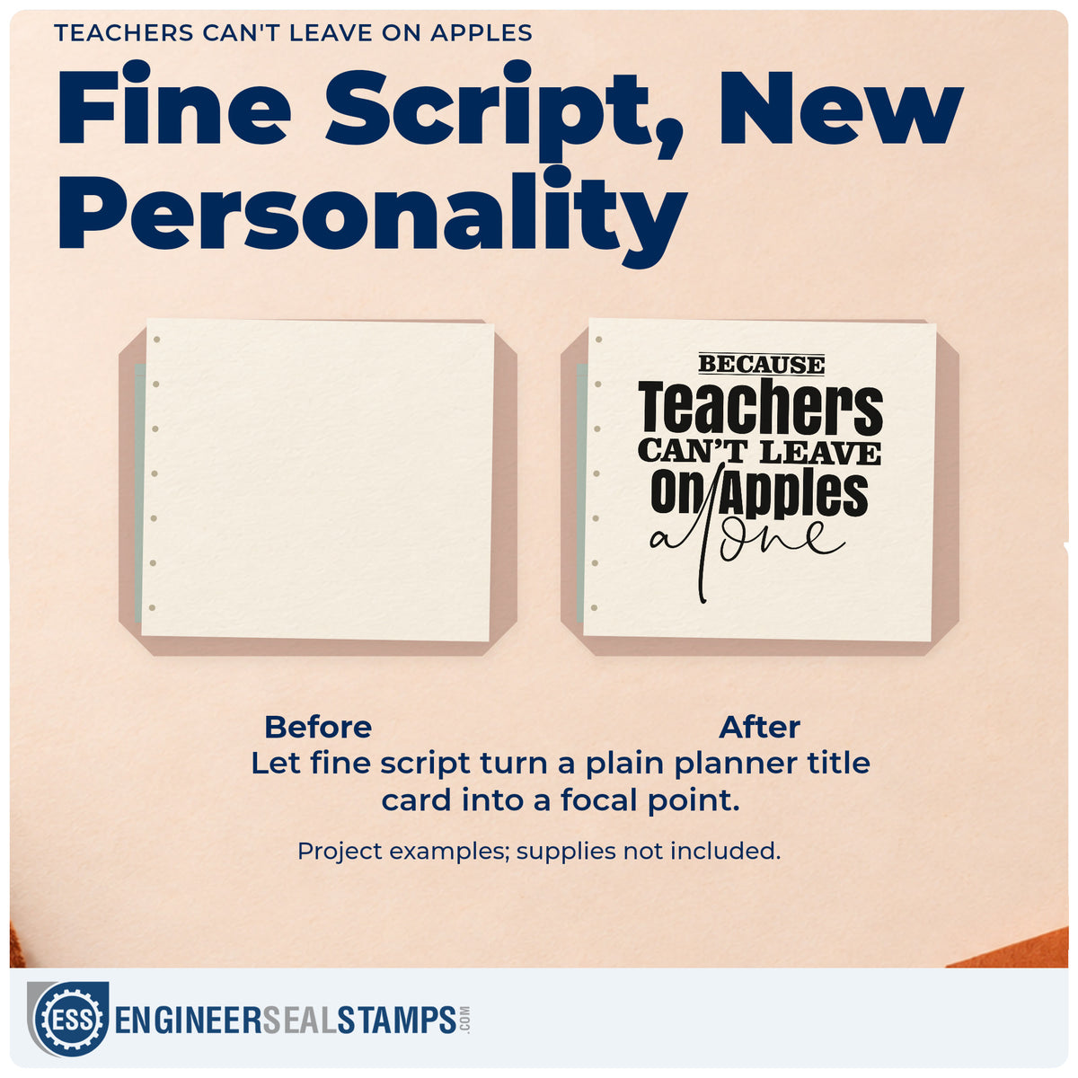 Before and after of a plain item finished with the Because Teachers Can't Leave On Apples Alone Stamp – PSI Pre-Inked, a quick upgrade for deli wrap seals.