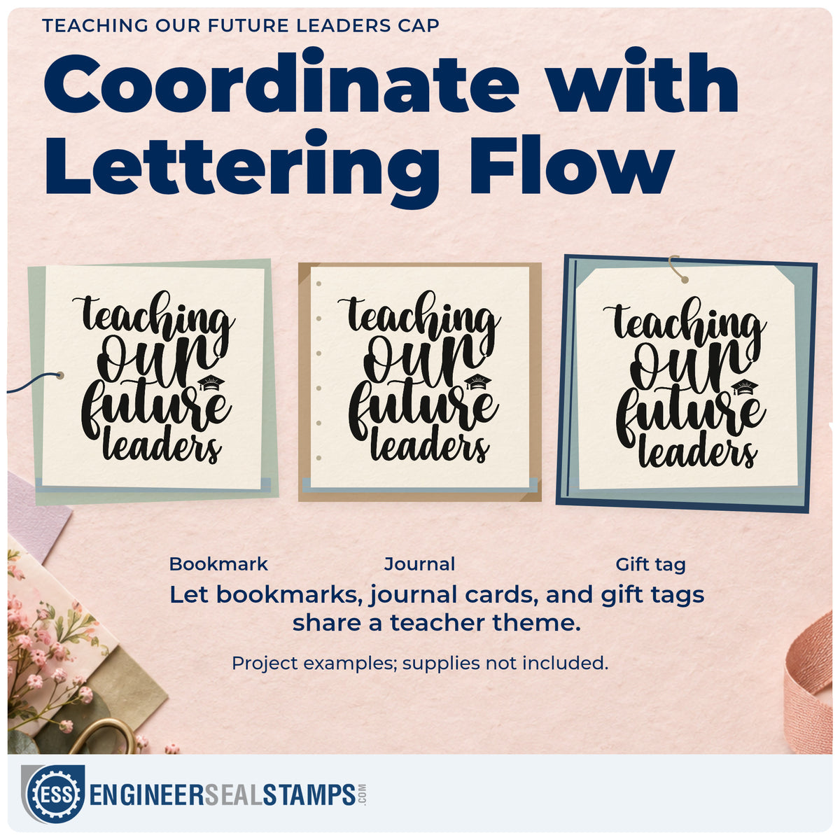 Three project examples made with the Teaching Our Future Leaders Cap Hand Stamp – Duo, including cap box labels.