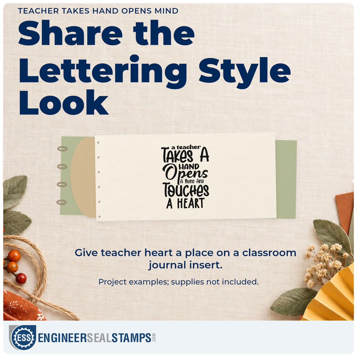 A finished handmade project stamped with the Teacher Takes Hand Opens Mind Lettering Self-Inking Stamp, ideal for tribute wall tags.
