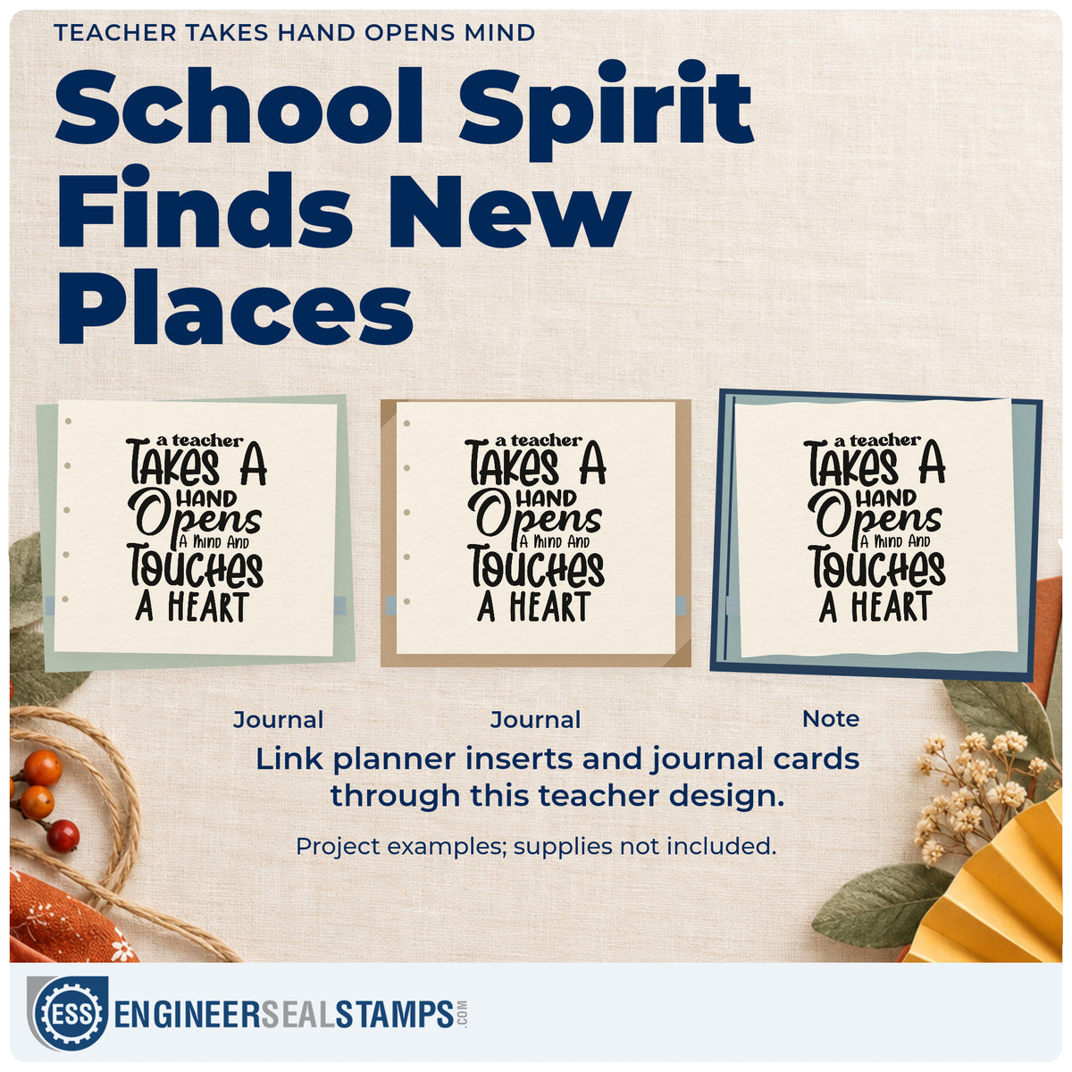 Three project examples made with the Teacher Takes Hand Opens Mind Lettering Rubber Stamp – Duo Hand, including plaque back labels.