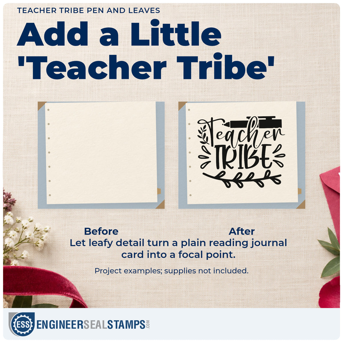 Before and after of a plain item finished with the Teacher Tribe Pen And Leaves Duo Hand Stamp, a quick upgrade for seed swap seals.