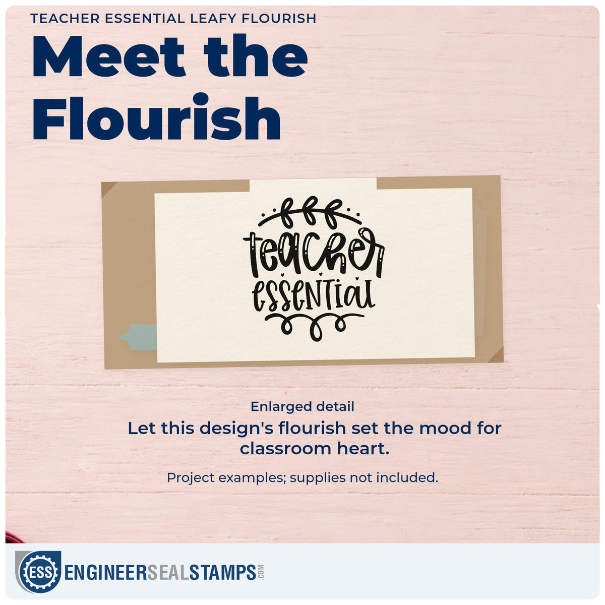 Enlarged detail of the Teacher Essential Leafy Flourished Lettering Self-Inking Craft Stamp imprint. “Teacher Essential” is framed by a leafy arch and looping flourish below.