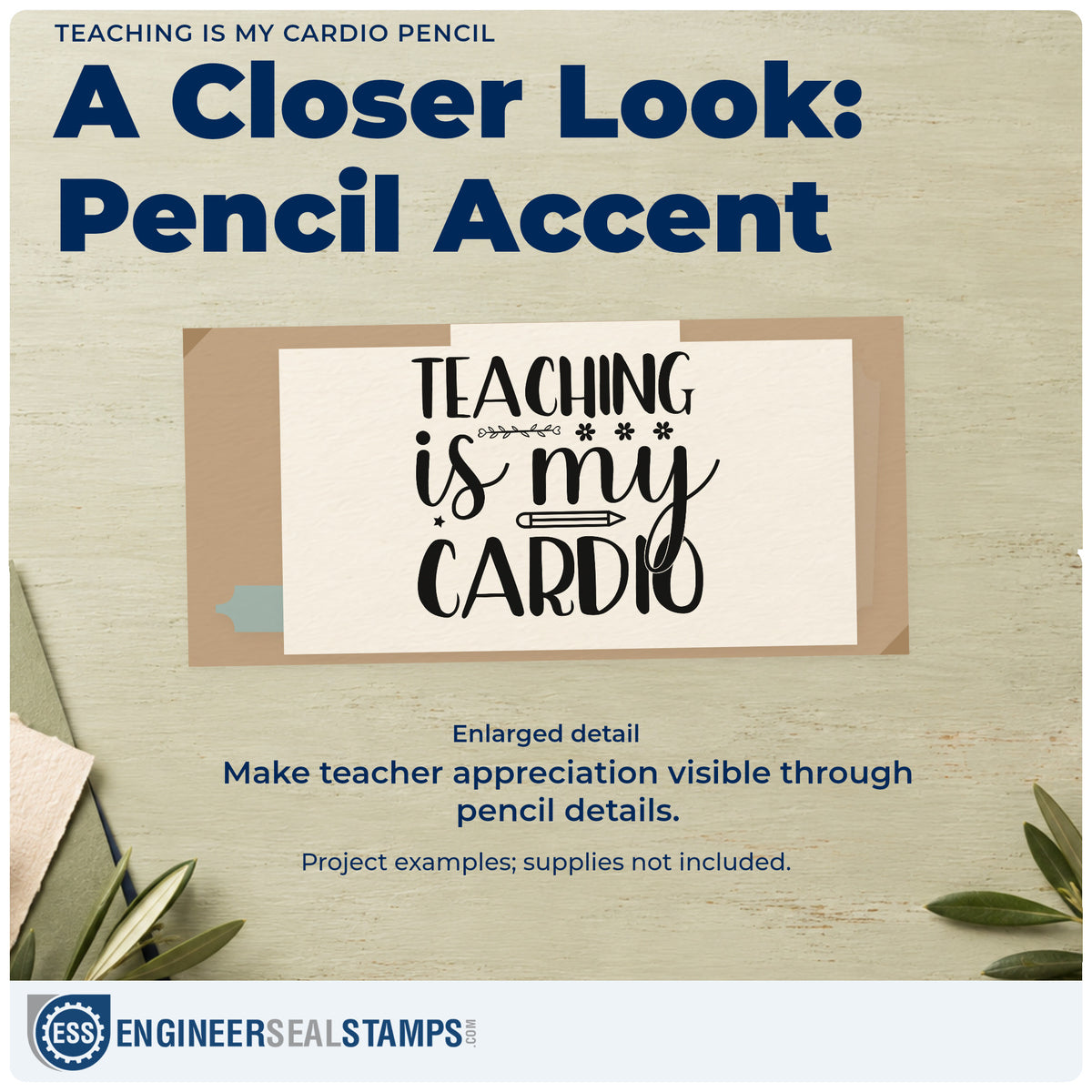 Enlarged detail of the Teaching Is My Cardio Pencil Hand Stamp – Duo imprint. “Teaching Is My Cardio” features small asterisks and a pencil between rows.